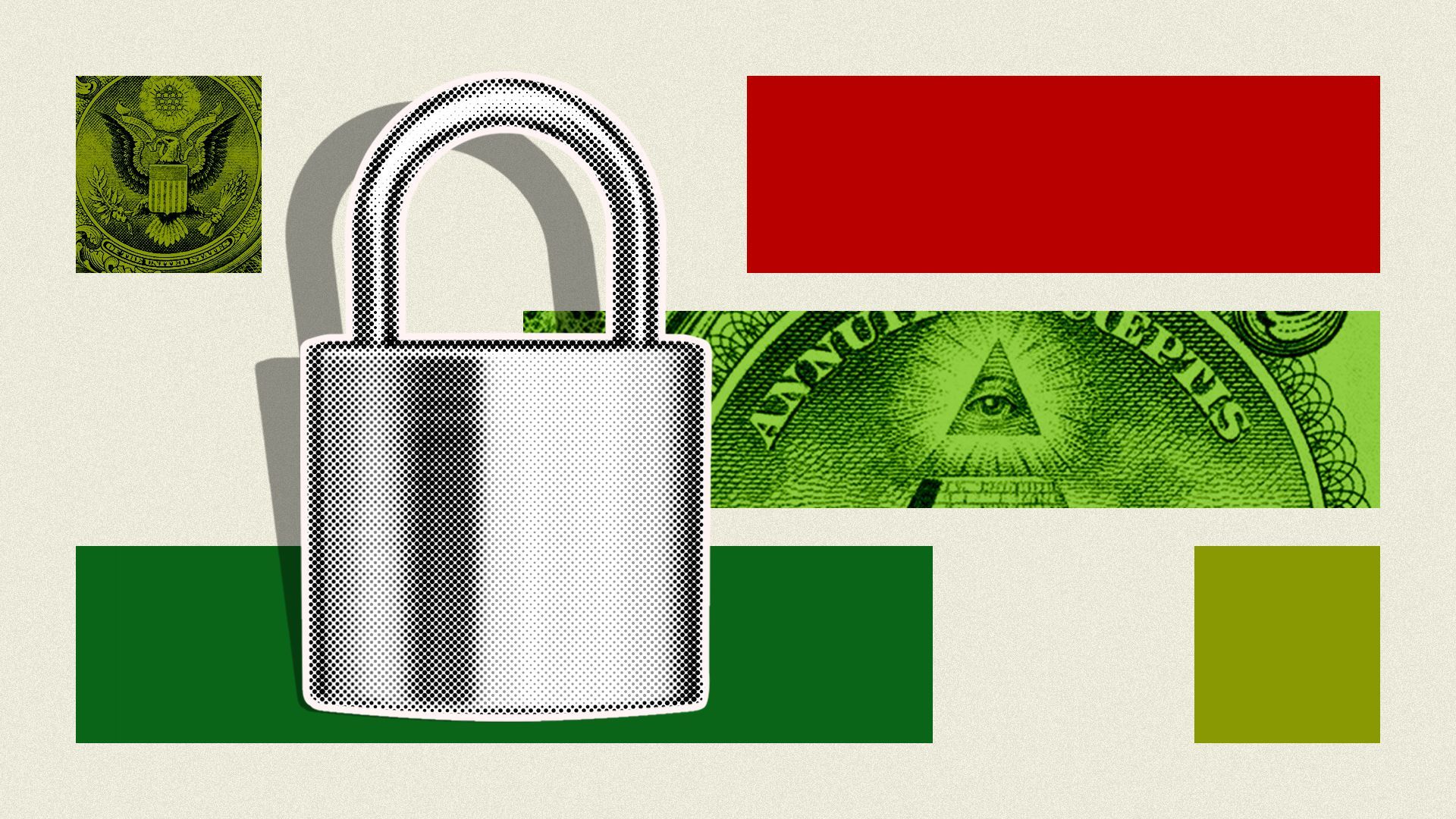 an illustration of a lock in front of colorful rectangles overlaid with money