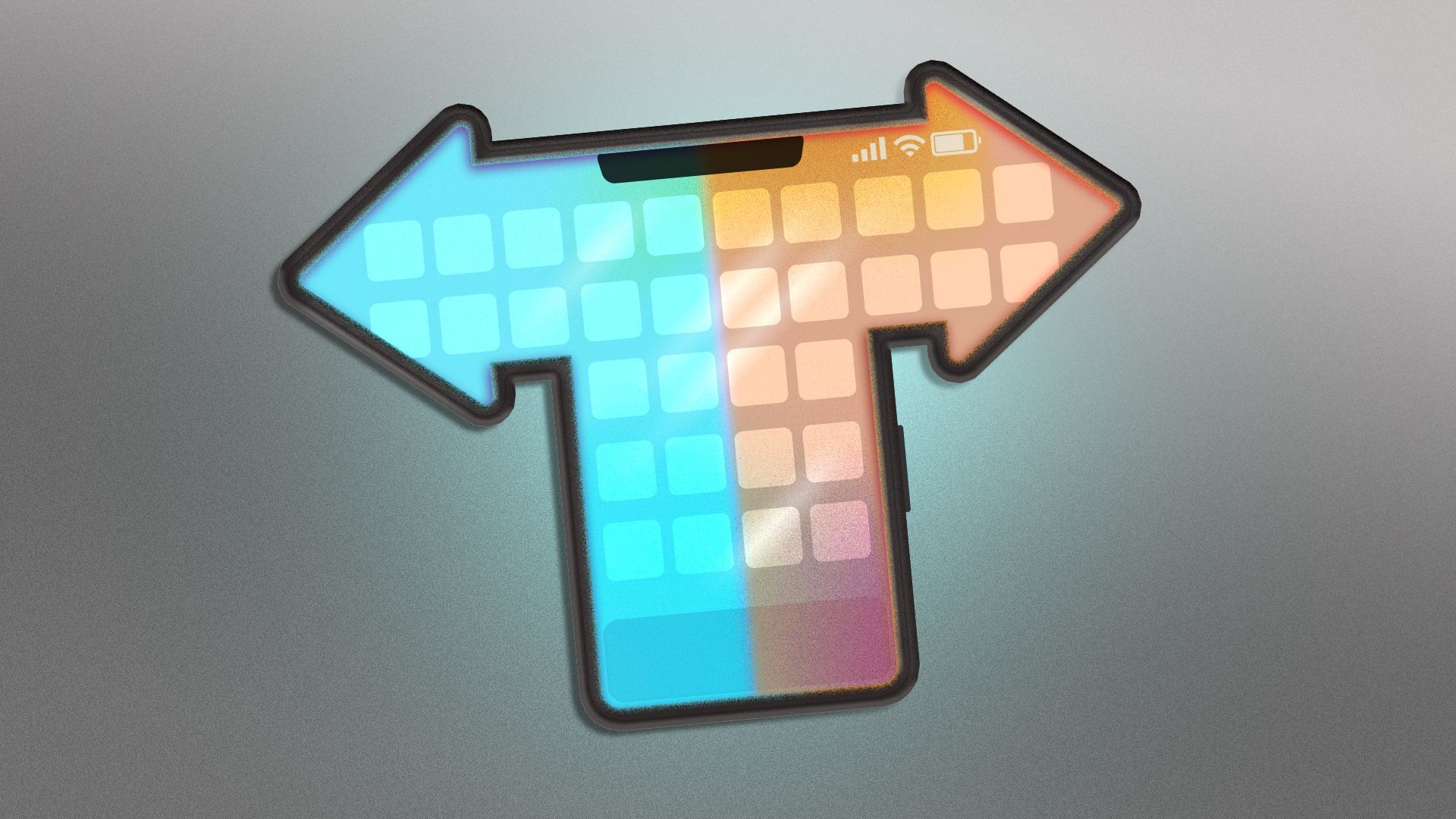 Illustration of a cell phone diverging at the top with two arrows and a screen that is half blue and half red