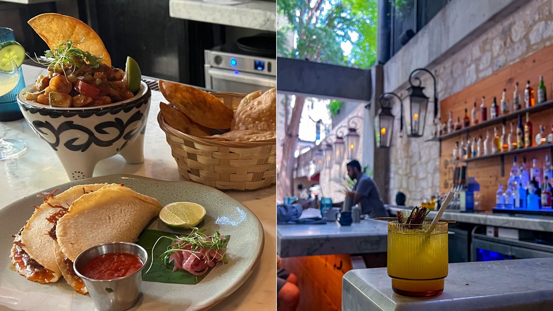 Side-by-side image showing appetizers on the left and a light-colored cocktail on the right. 