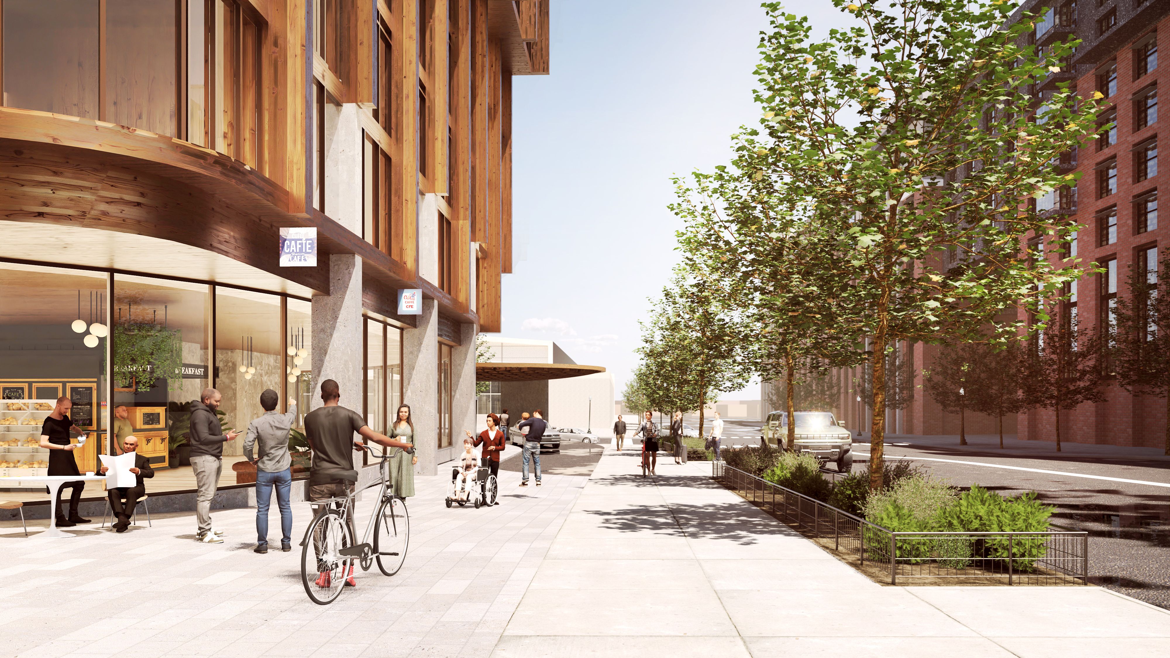 A rendering shows people walking along a sidewalk outside of a building, with ground-floor shops.