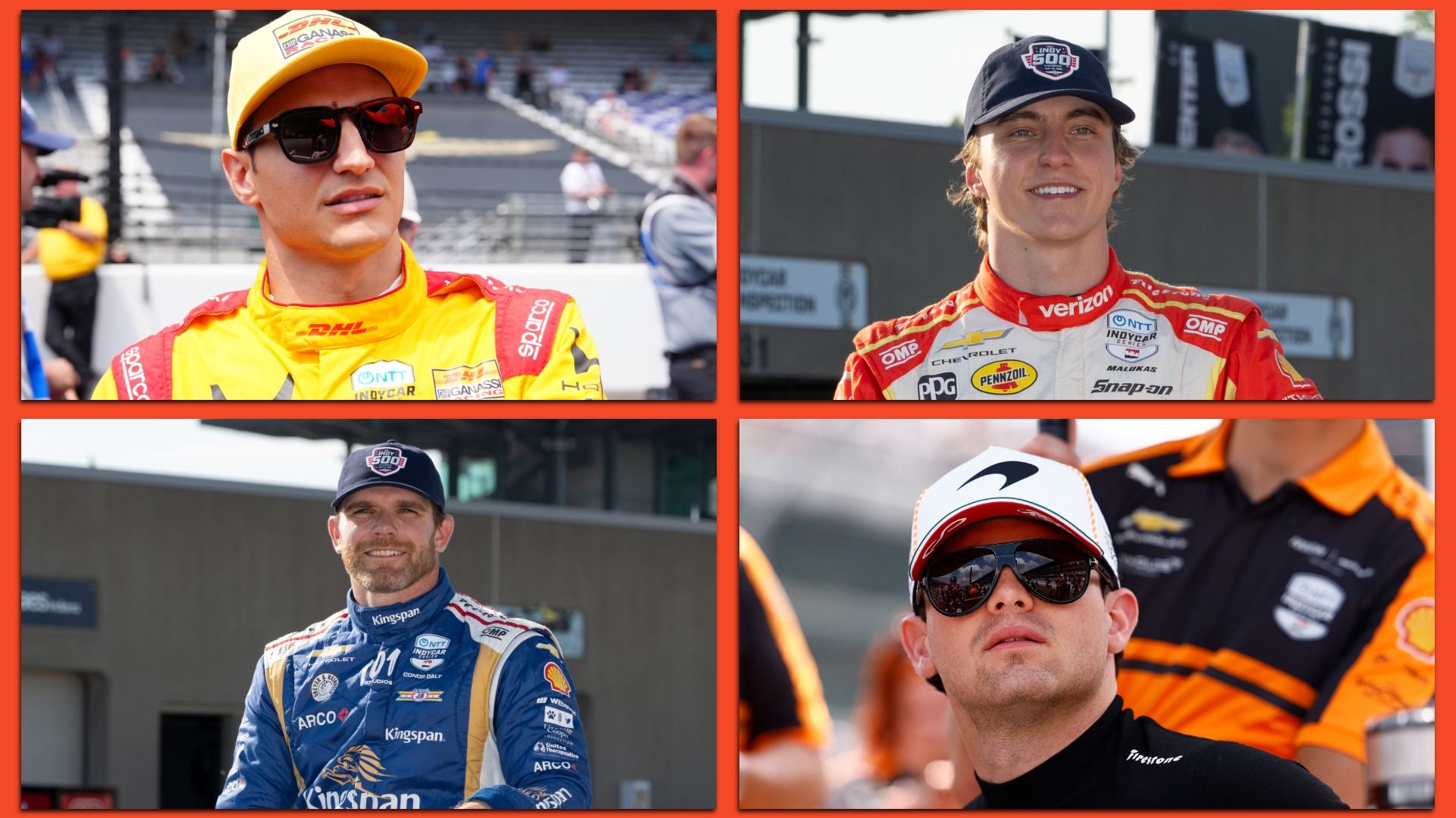 Collage of four IndyCar drivers in the paddock: top-left yellow DHL suit with cap; top-right red/white Verizon suit; bottom-left blue Kingspan; bottom-right black/orange Firestone gear.