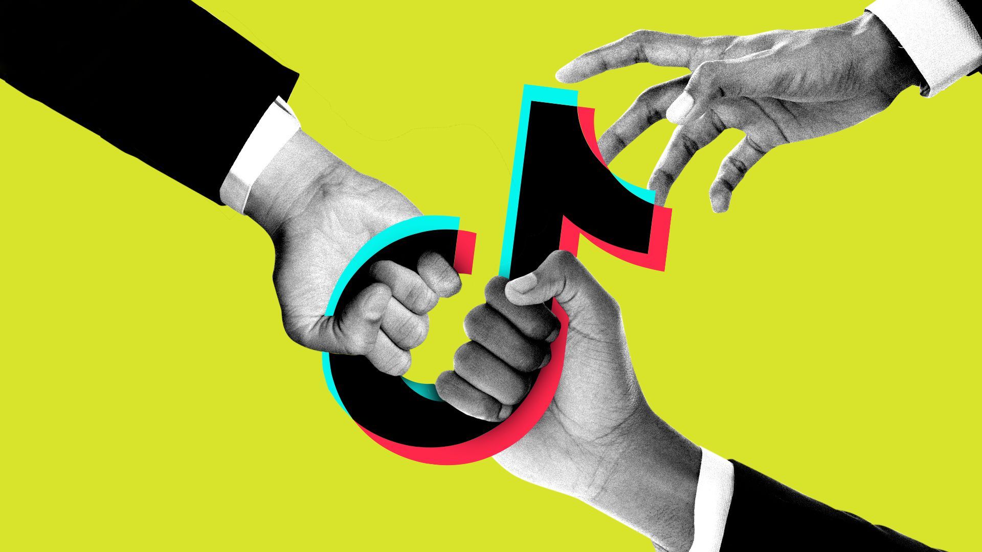 Illustration of hands fighting over the TikTok logo. 