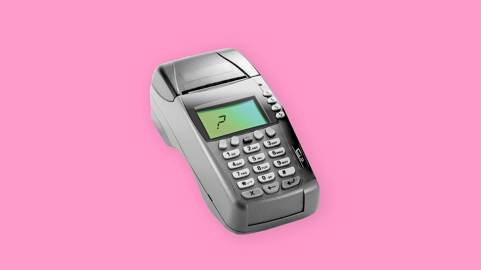 Animated illustration of a credit card machine flashing dollar bill signs.