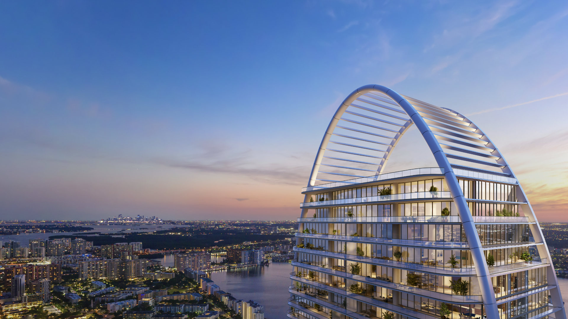 A skyscraper with a curved top, like a U-shaped ladder