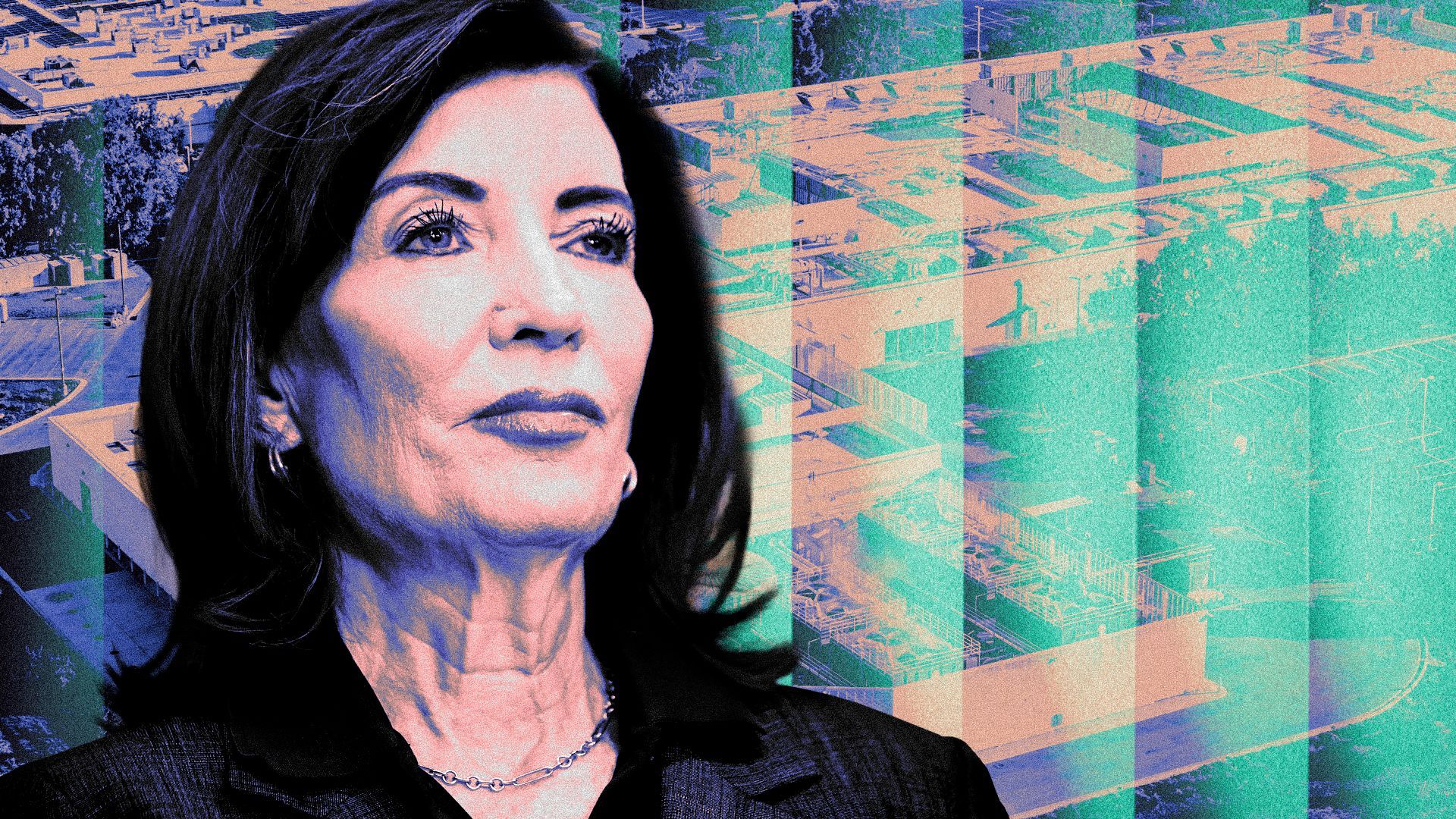 Photo illustration of Gov. Kathy Hochul with a data center in the background