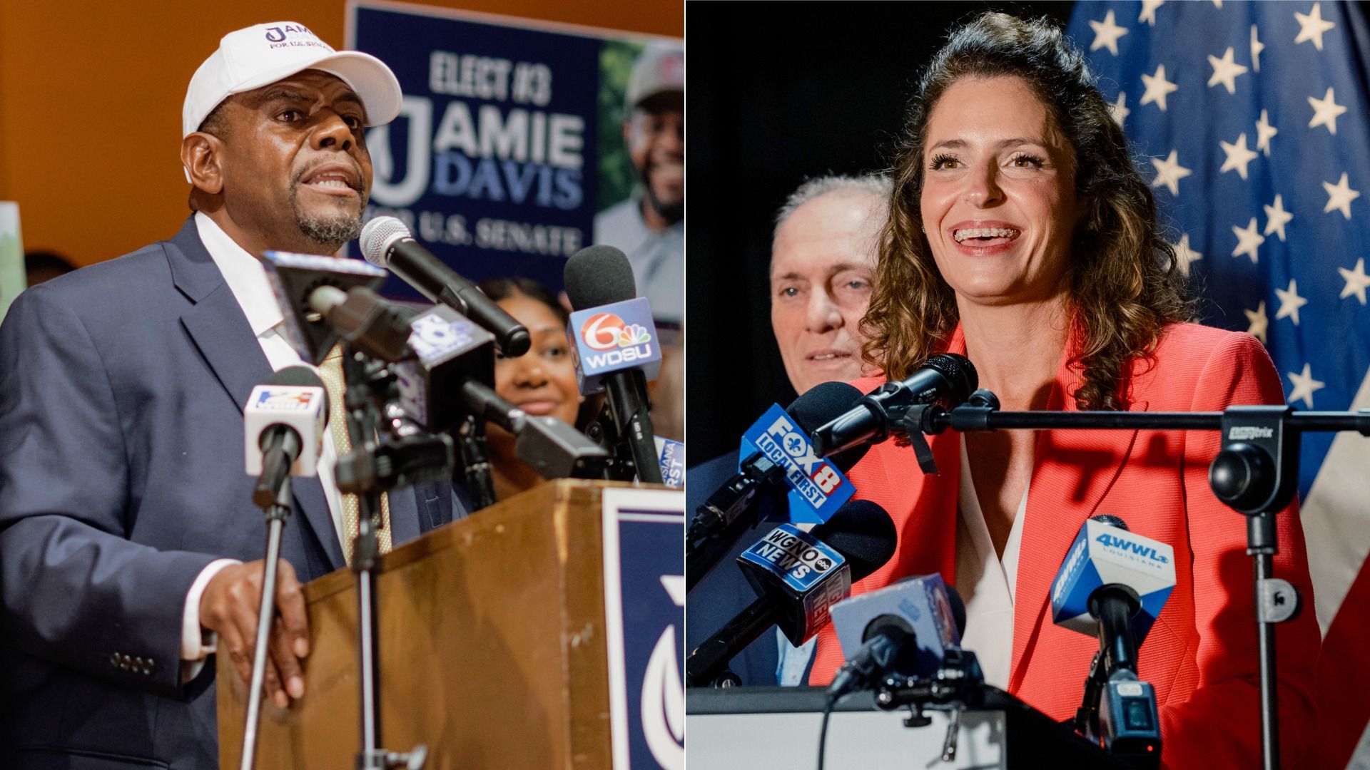 At left, Jamie Davis and, at right, Rep. Julia Letlow. Both are photographed speaking into several news organizations' microphones at podiums.
