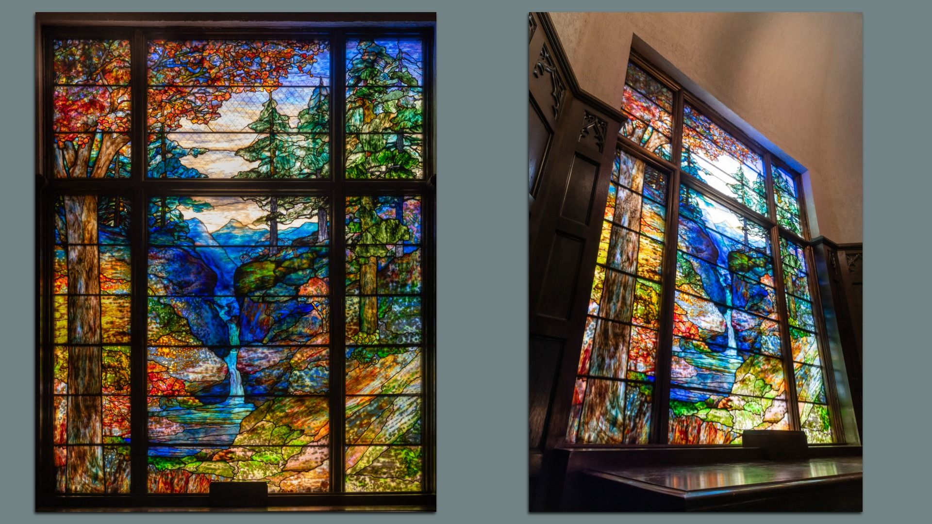 A composite photo of a colorful stained-glass Tiffany window. 