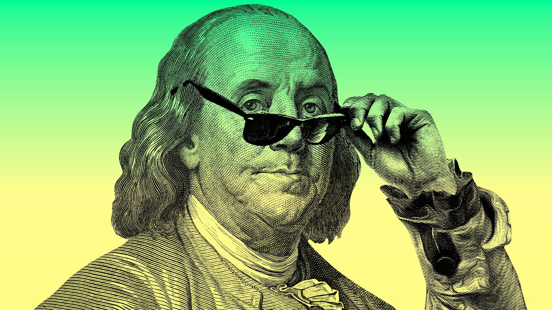 Illustration of Benjamin Franklin pulling down a pair of shades and looking over the rim.