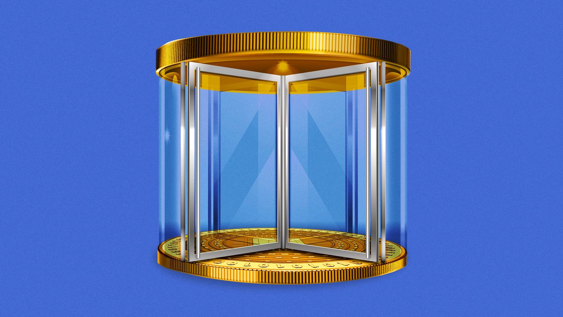 Illustration of a revolving door with a crypto coin floor and top