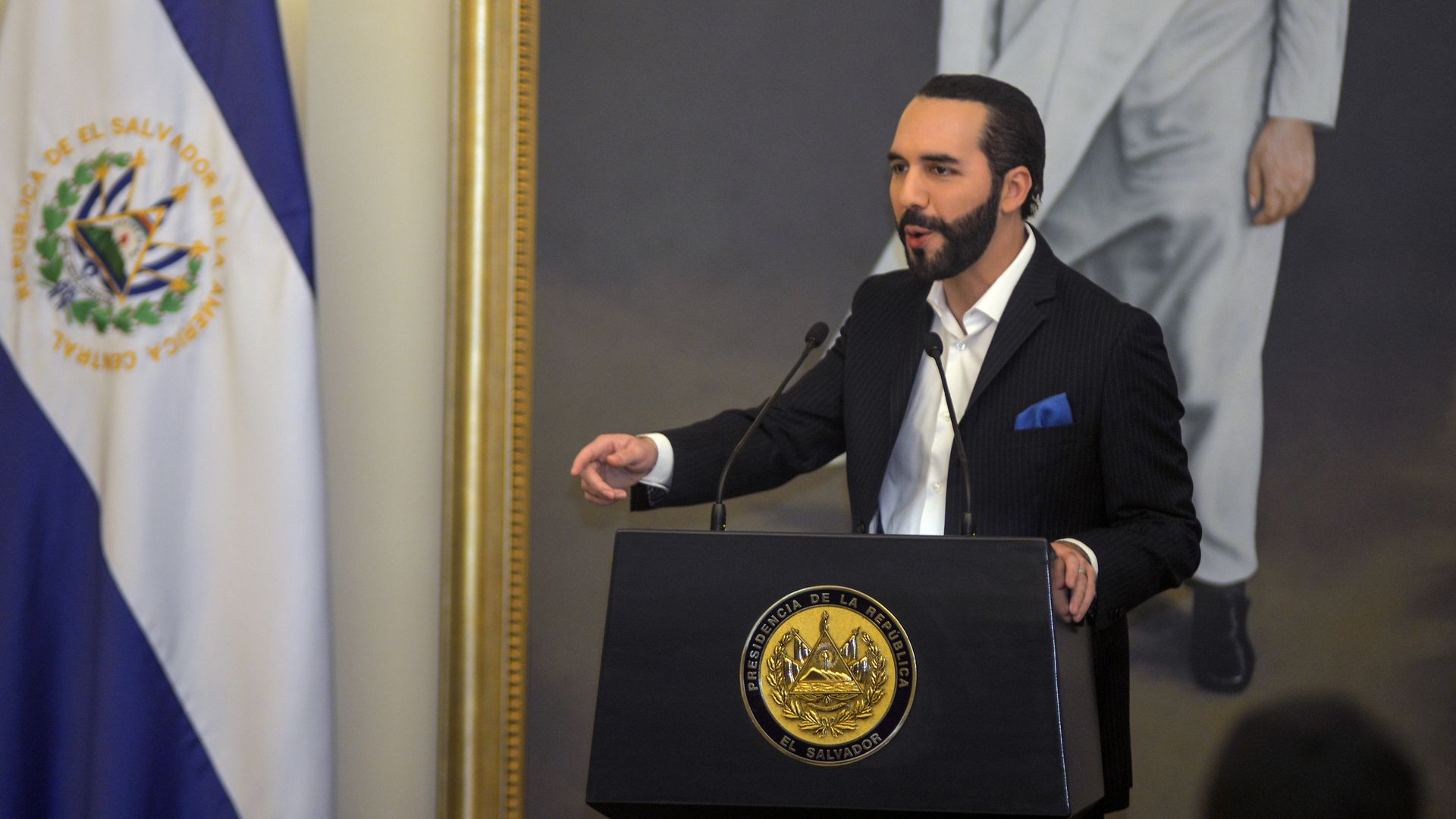 President of El Salvador Nayib Bukele speaks during a reception of the Salvadoran Beach Soccer National Team at Presidential House on May 25, 2021 in San Salvador, El Salvador. 