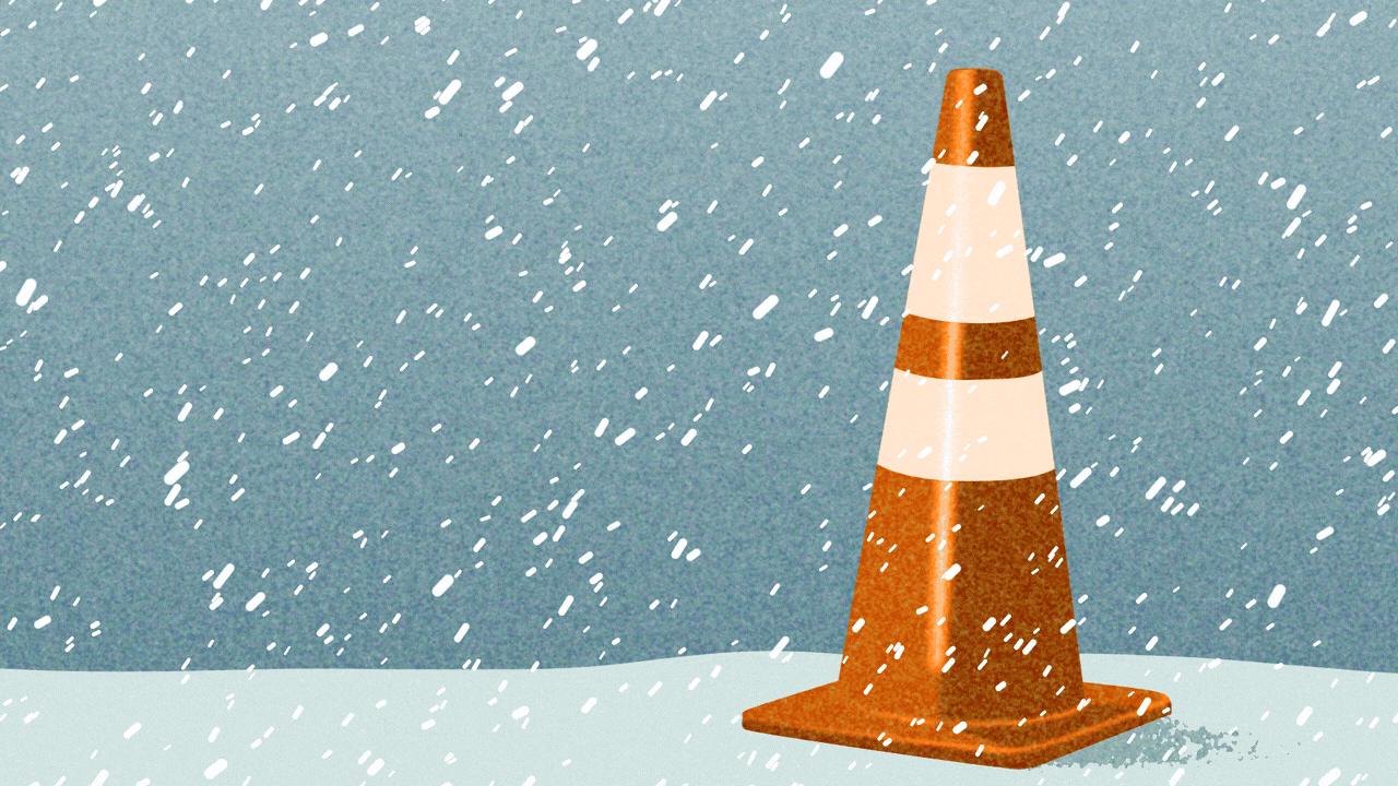 Animated illustration of a safety cone in a snowstorm that gets covered by snowfall accumulation.