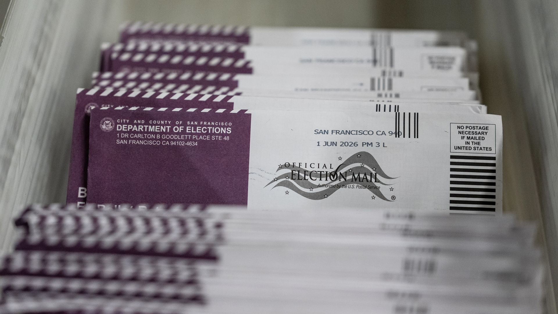 Ballots to be sorted at a polling location inside City Hall during a primary election in San Francisco, California, US, on Tuesday, June 2, 2026.