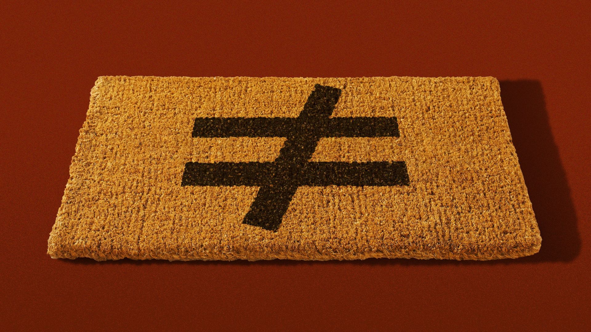 Illustration of a welcome mat with the inequality symbol on it.