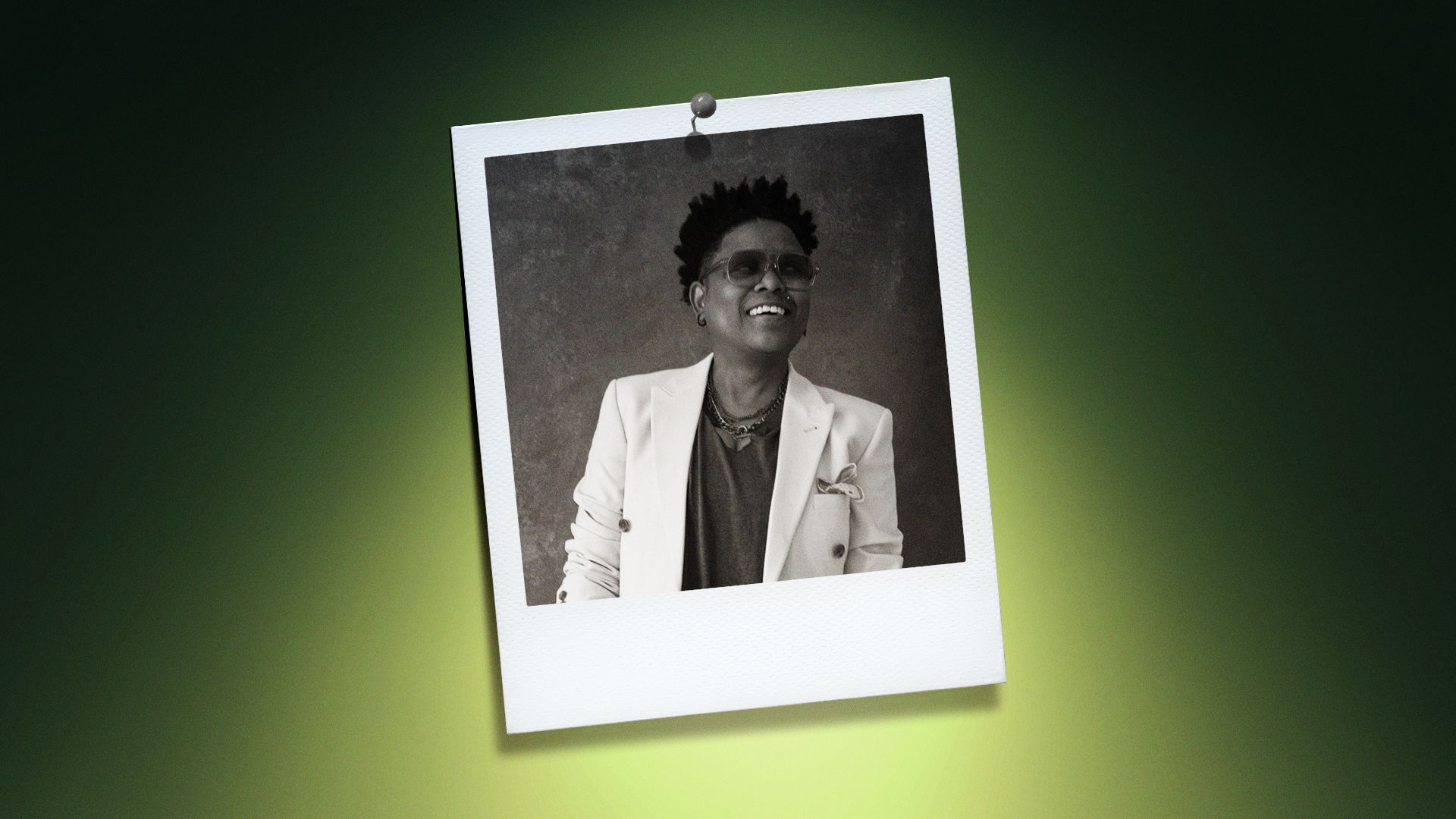 Photo illustration of Shirlette Ammons in a polaroid photo. 
