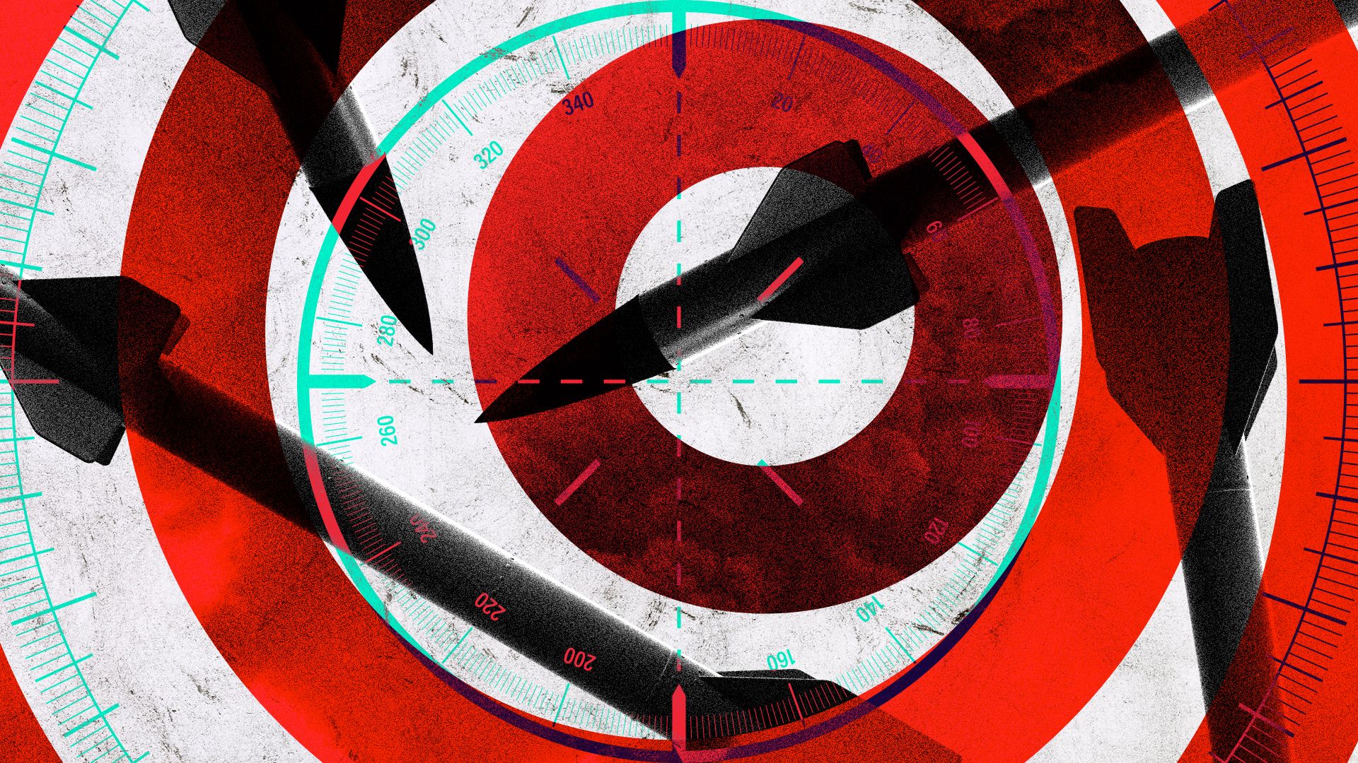 Photo illustration of missiles, smoke, and lines overlapping a target.