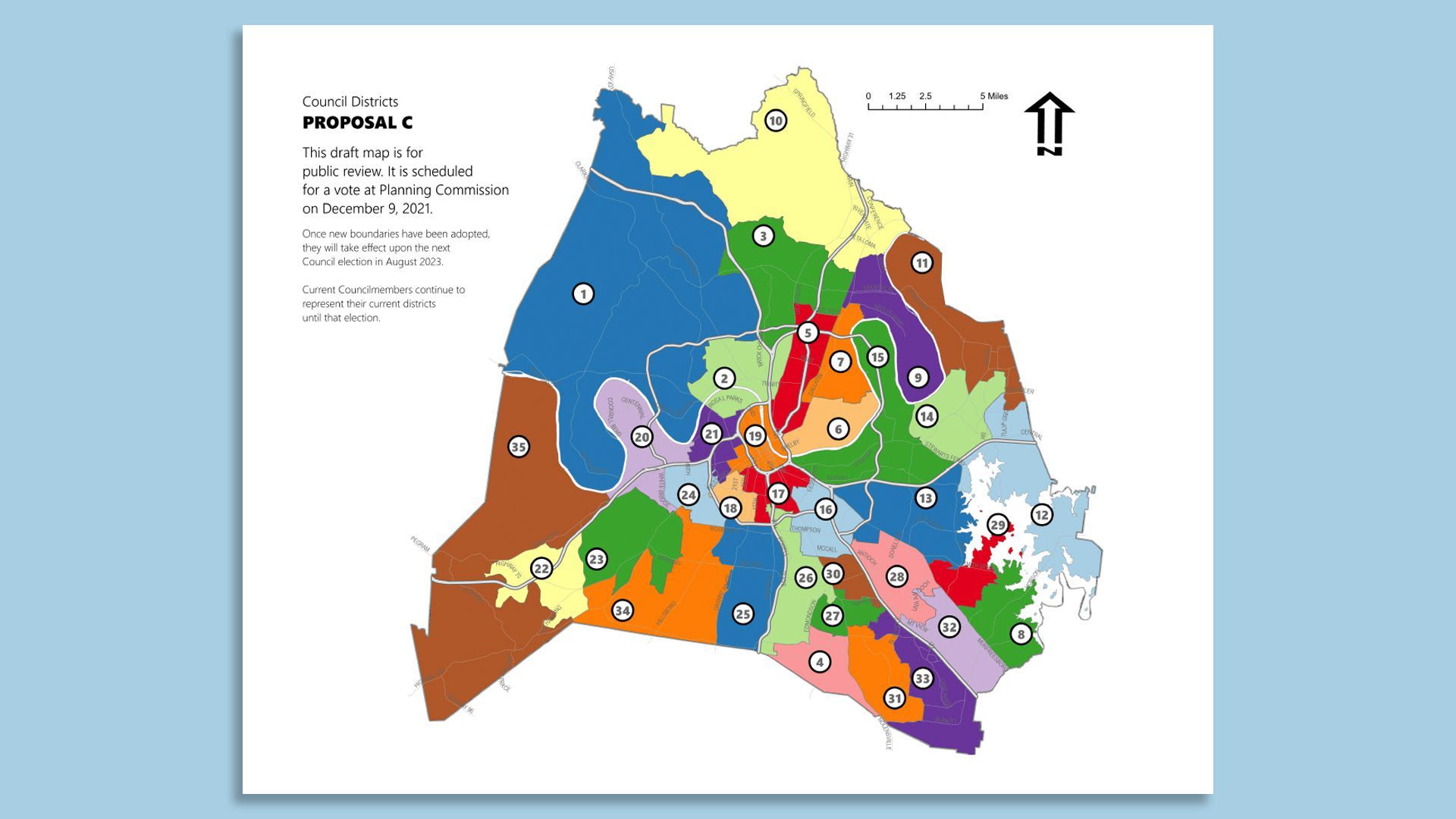 Map showing new council districts under a proposed redistricting plan in Nashville.