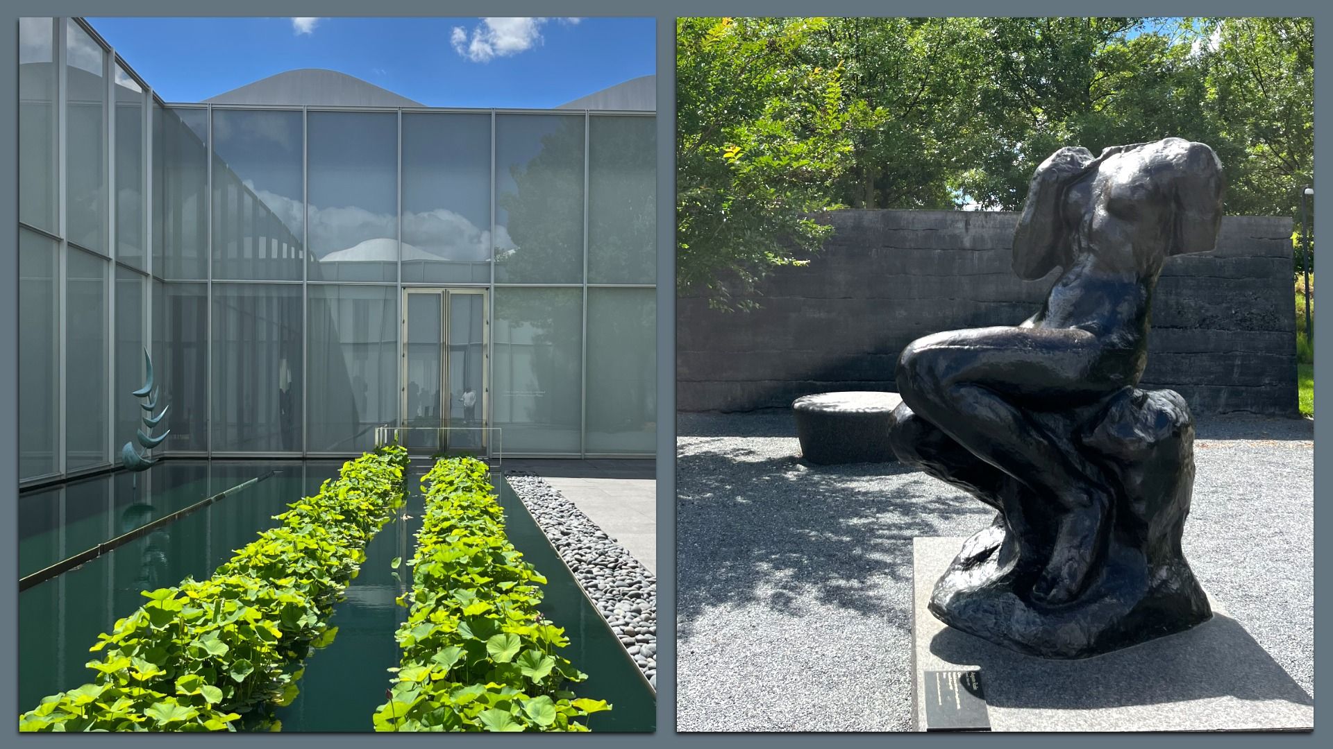 Split image: left shows a modern glass building with reflective walls and a water feature with green plants; right shows a dark bronze sculpture of a crouching figure beside a stone wall and trees.