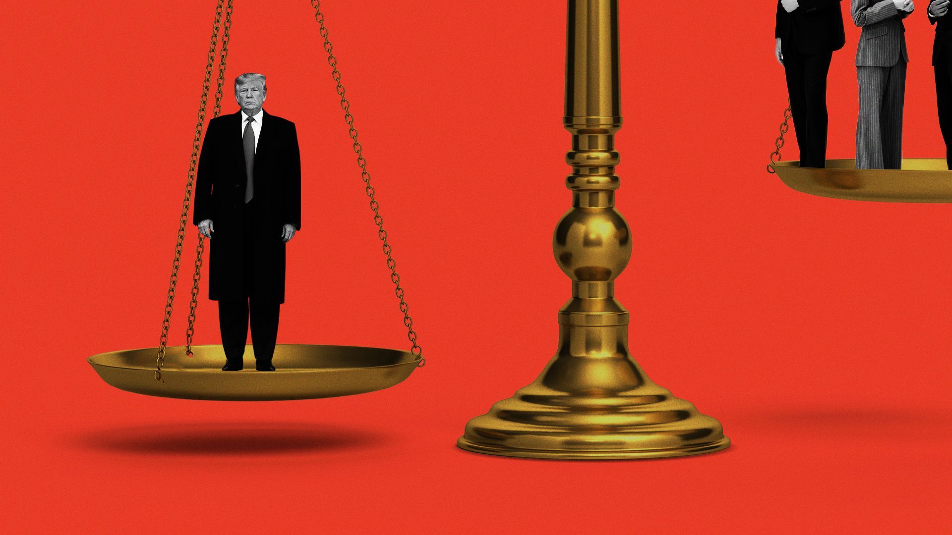 Illustration of Donald Trump weighing down the scales of justice, with a group of lawyers on the other scale.