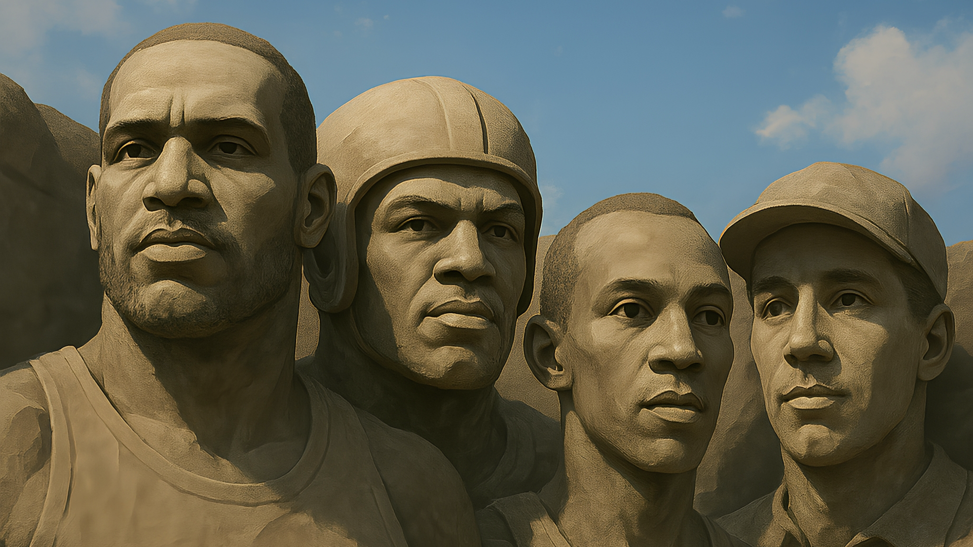A custom Mount Rushmore of Cleveland athletes with LeBron James, Jim Brown, Jesse Owens and Bob Feller. 