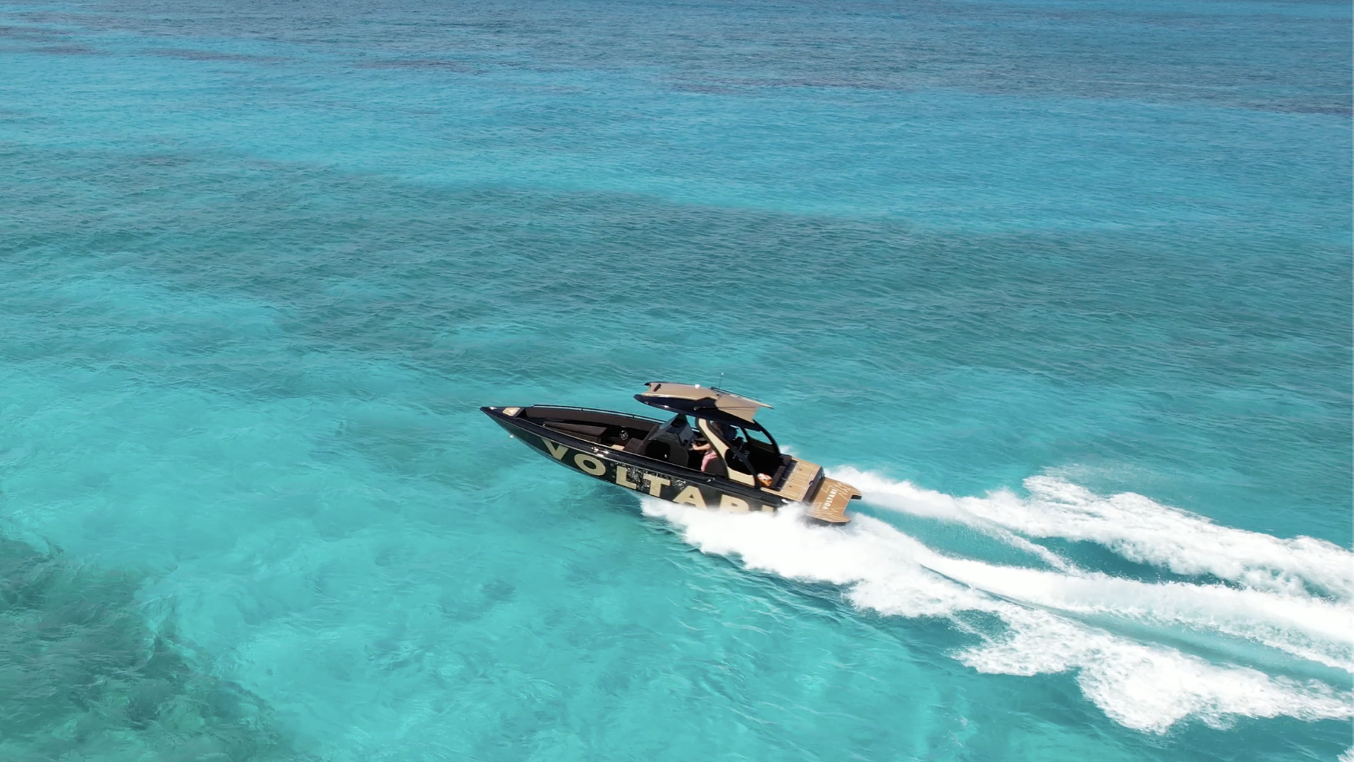 A Voltari electric boat is seen cruising in the ocean.