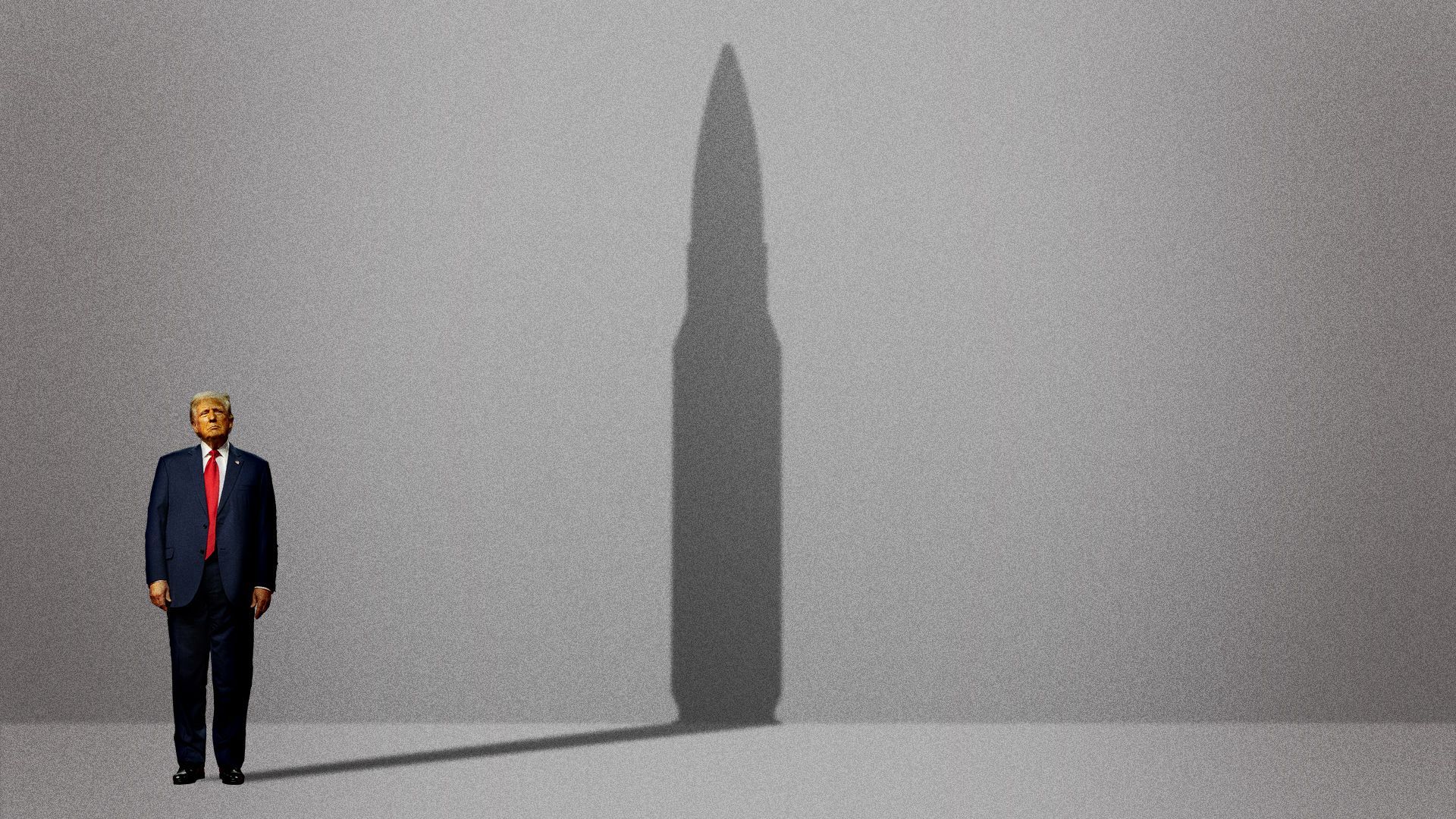 Illustration of Donald Trump casting a shadow shaped like a large bullet.