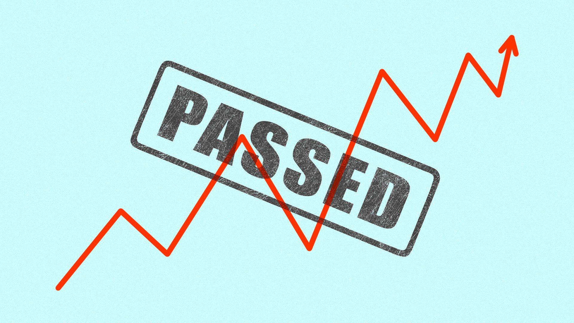 Illustration of a stock trend line stamped with the word "Passed" 