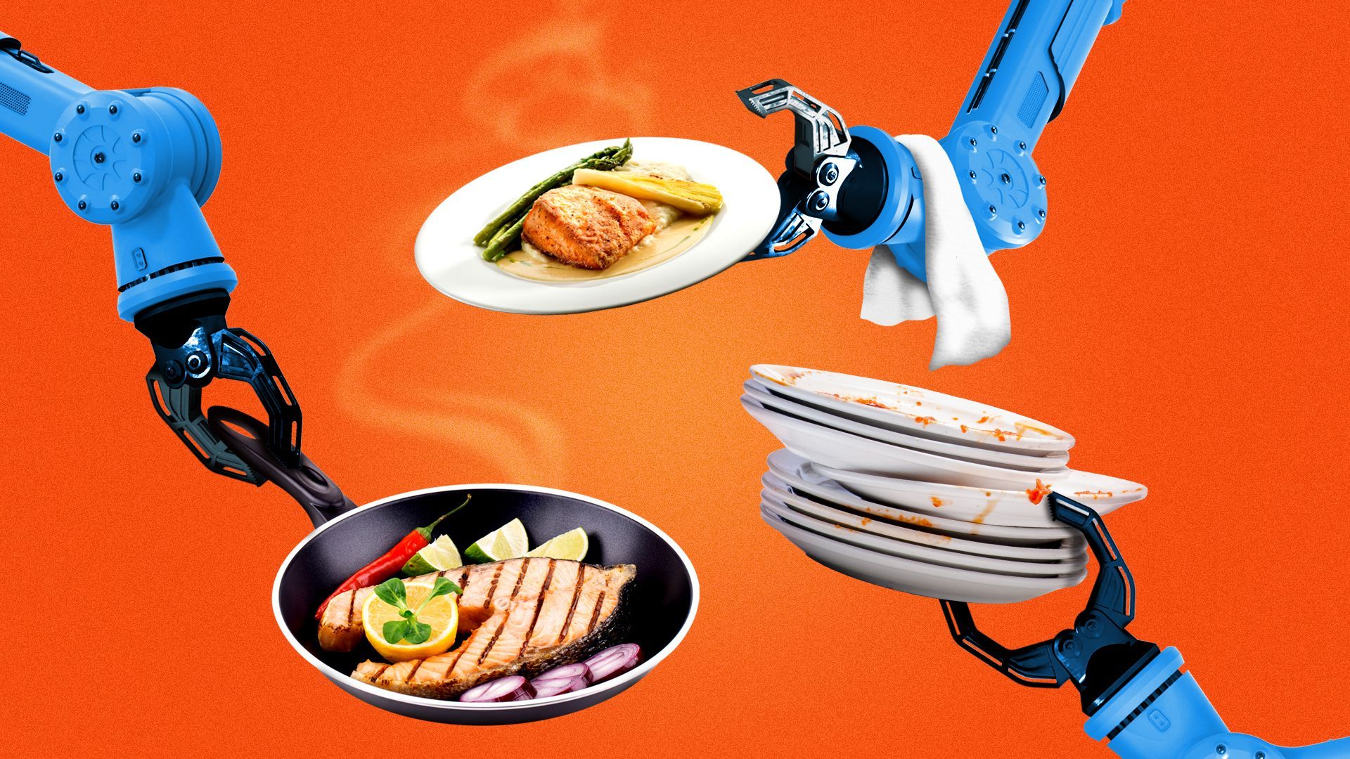 Illustration of robot arms holding a saute pan with food, a plate of food, and a stack of dirty dishes