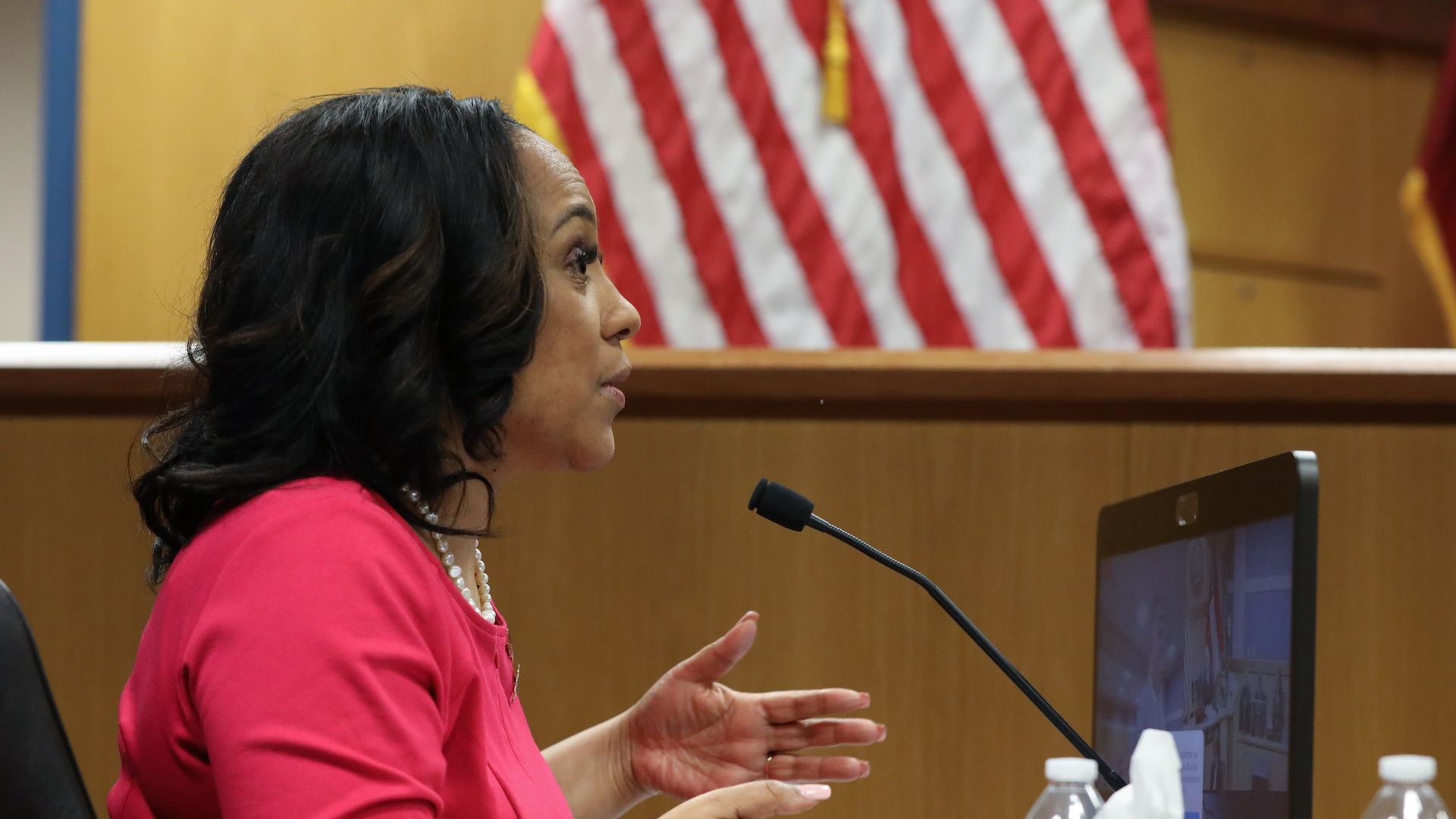 Fulton County District Attorney Fani Willis testifies during a hearing in the case of the State of Georgia v. Donald John Trump at the Fulton County Courthouse on February 15, 2024 in Atlanta, Georgia.