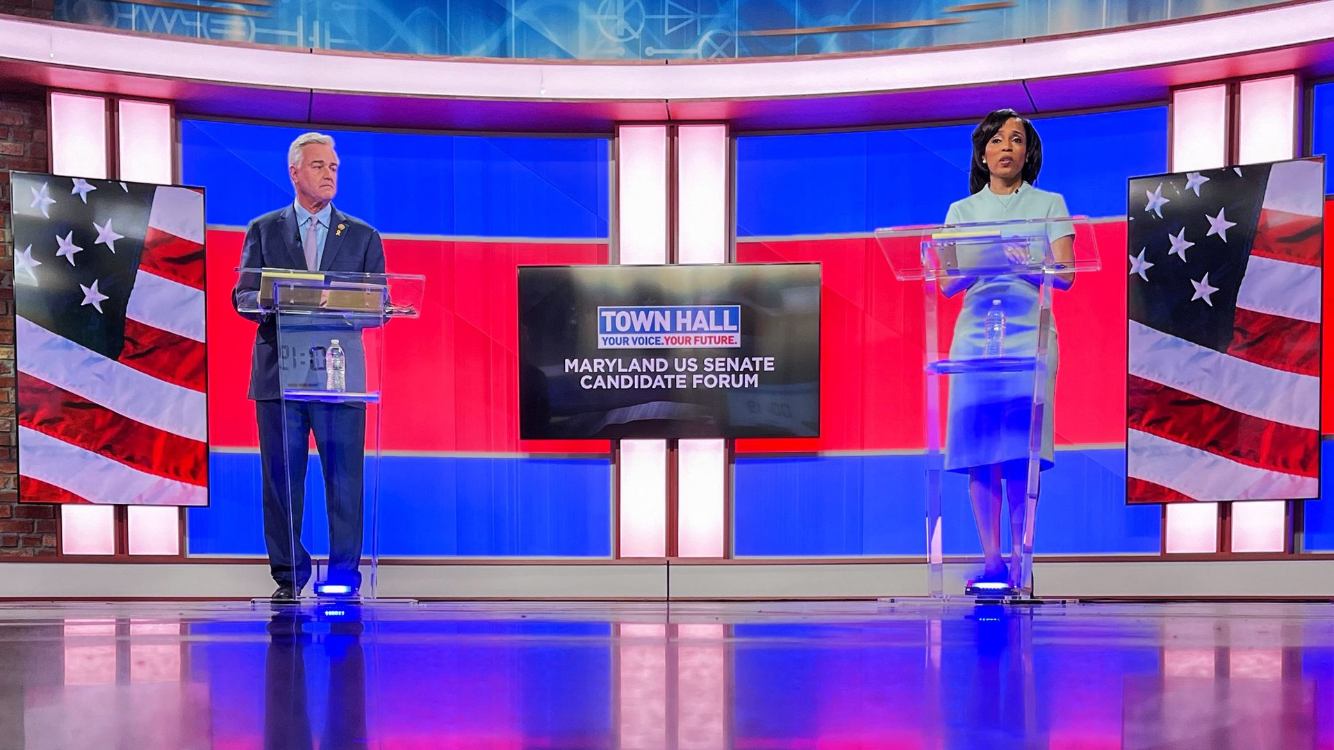 U.S. Rep. David Trone and Prince George's County Executive Angela Alsobrooks participate in a U.S. Senate Democratic primary forum