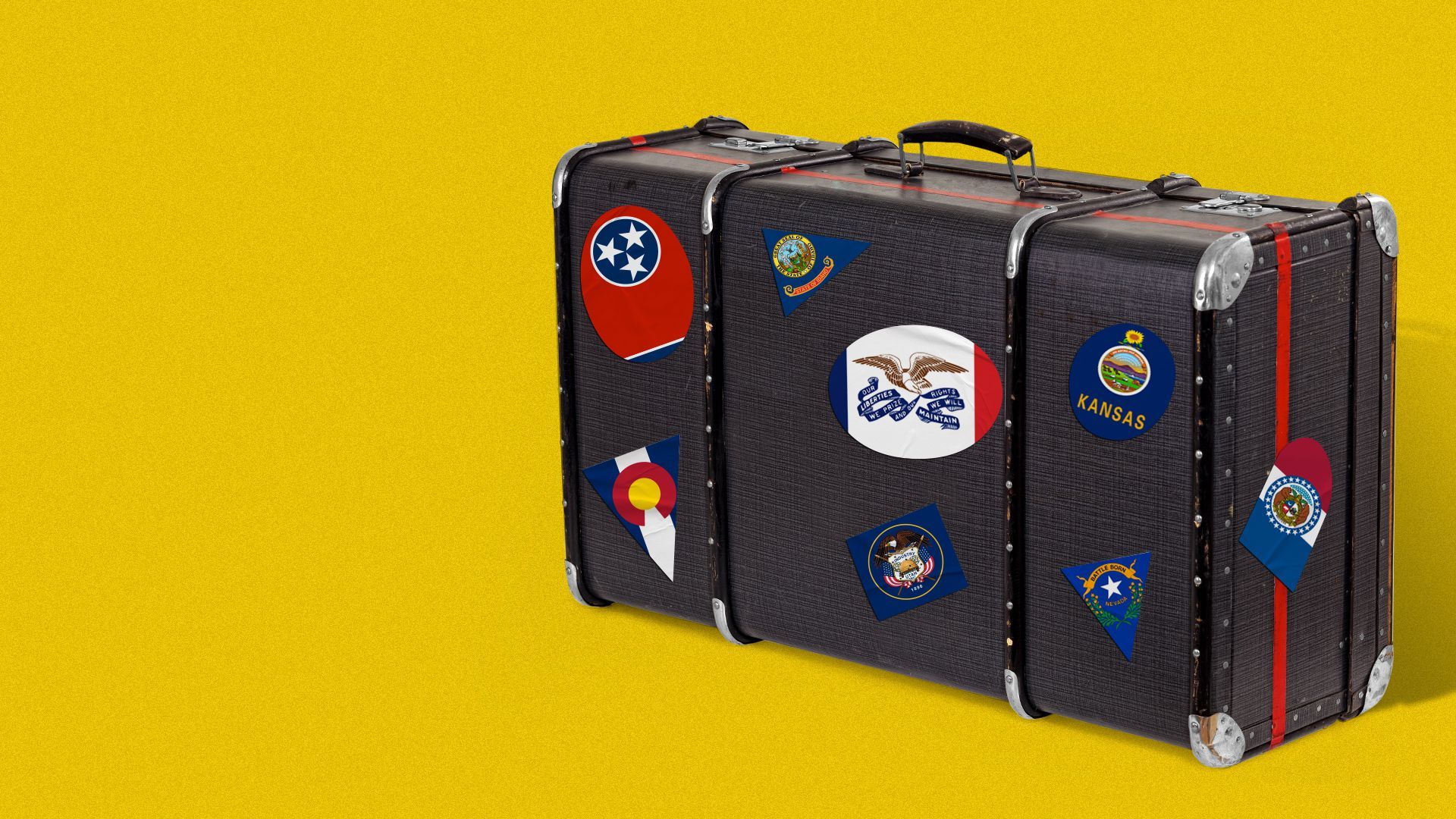 Illustration of a suitcase with stickers of the state flags of Kansas, Missouri, Tennessee, Colorado, Utah, Nevada, Iowa and Idaho. 