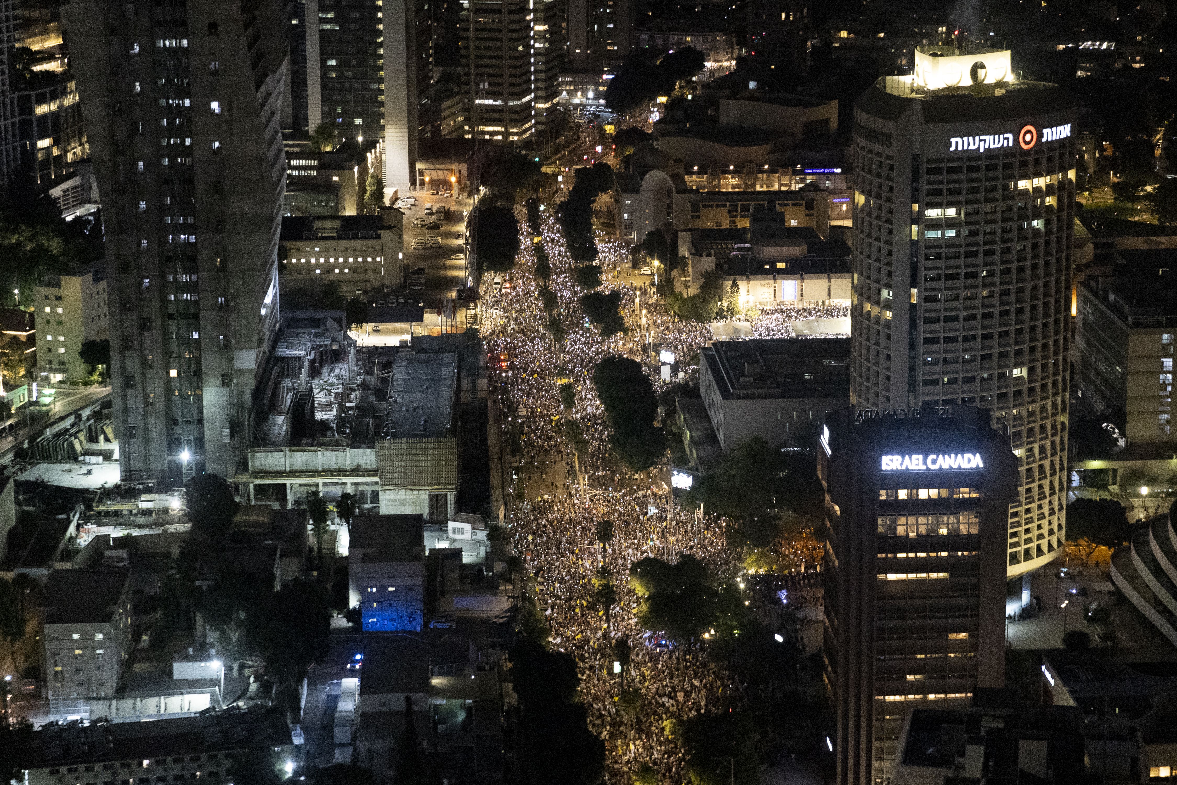 Protesters at night, aerial view