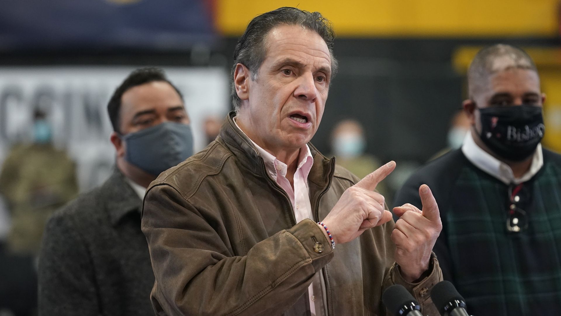 New York Governor Andrew Cuomo speaks during a news conference at a vaccination site in the Brooklyn borough of New York, on February 22