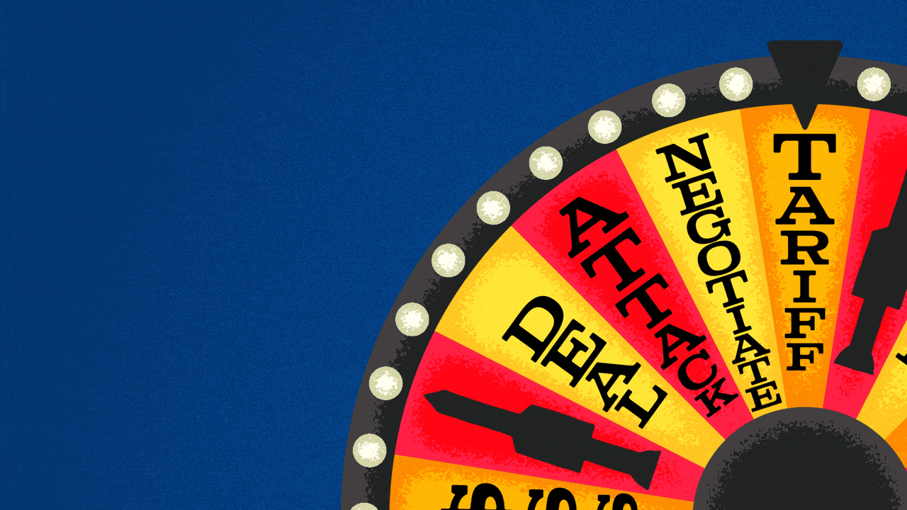 Animated illustration of a game show wheel spinning past options like NEGOTIATE, DEAL, ATTACK, TARIFF and missile icons.