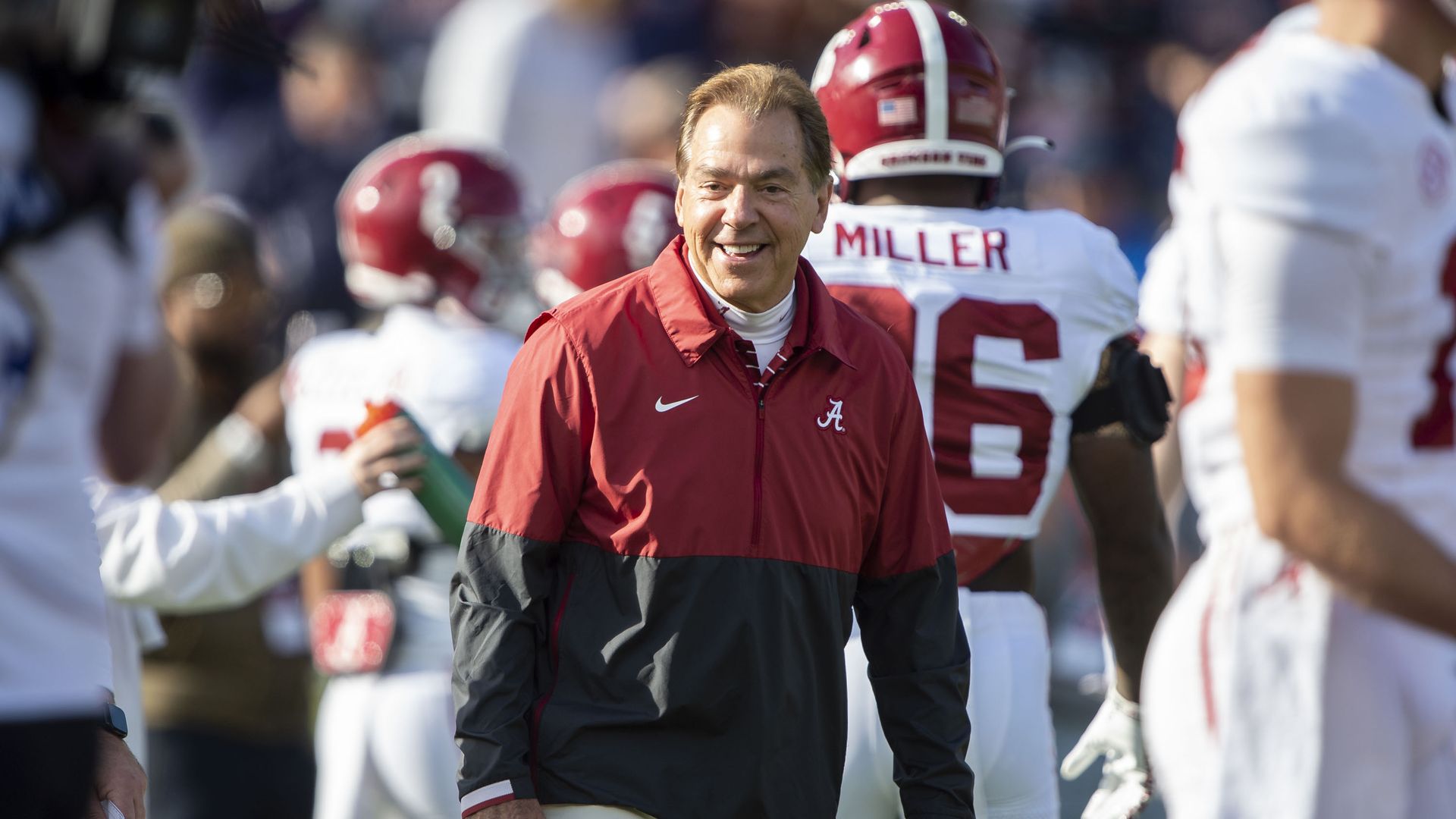 : Head coach Nick Saban of the Alabama Crimson Tide prior to their game against the Auburn Tigers at Jordan-Hare Stadium on November 25, 2023 in Auburn, Alabama. 