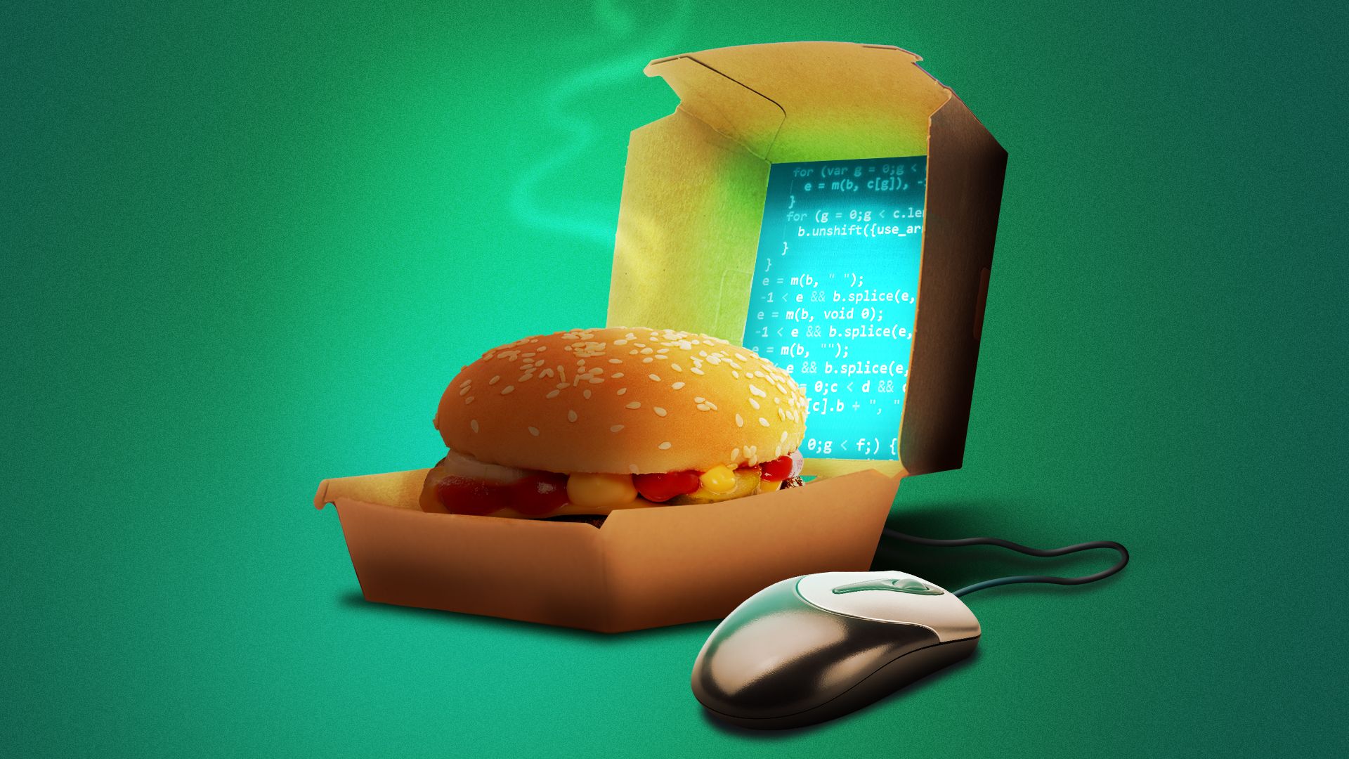 Illustration of an open burger box with a computer screen and mouse