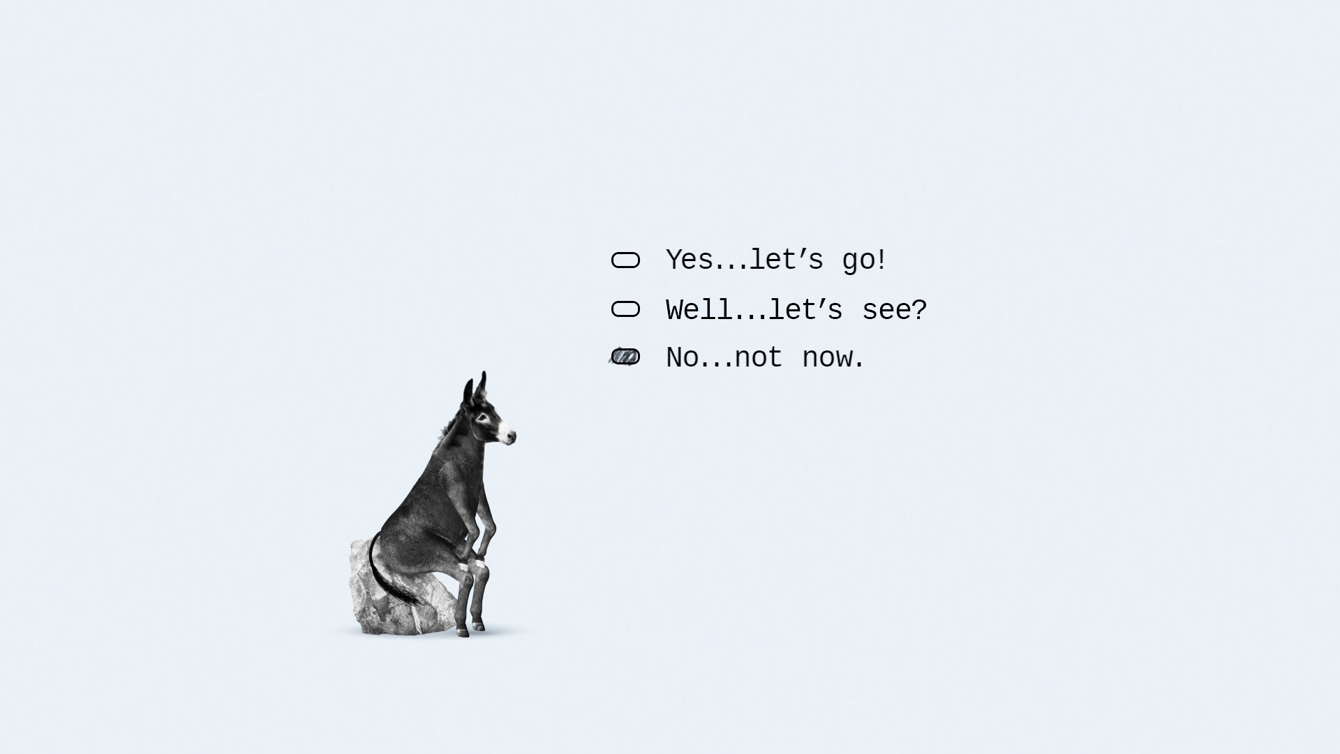 An illustration of a Democratic Donkey contemplating whether he's ready for impeachment