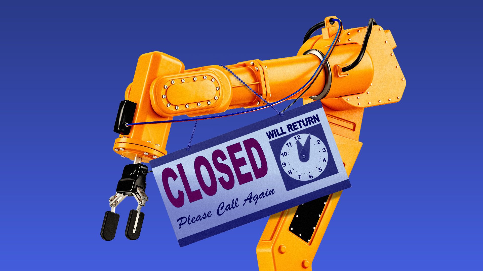 Illustration of a robot arm with a closed sign hanging from it
