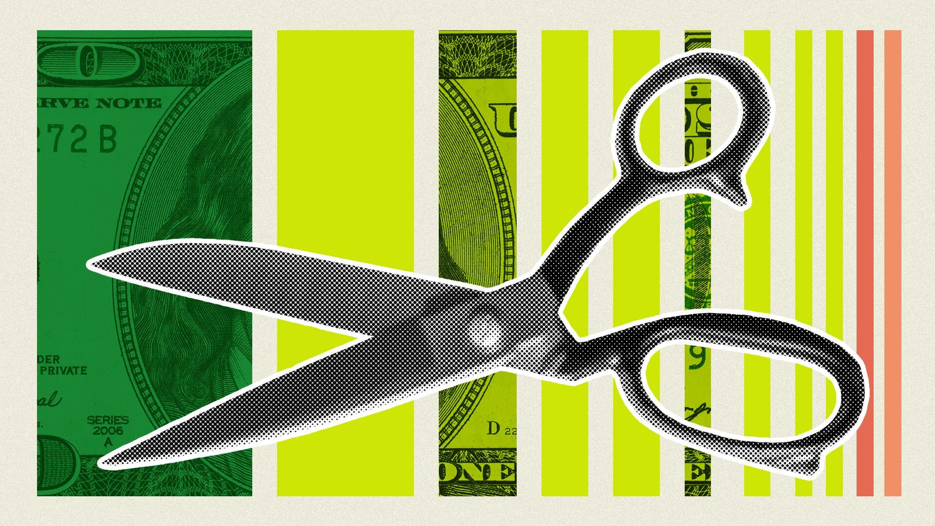 Illustration of a pair of scissors over blocks of color and dollar bills.