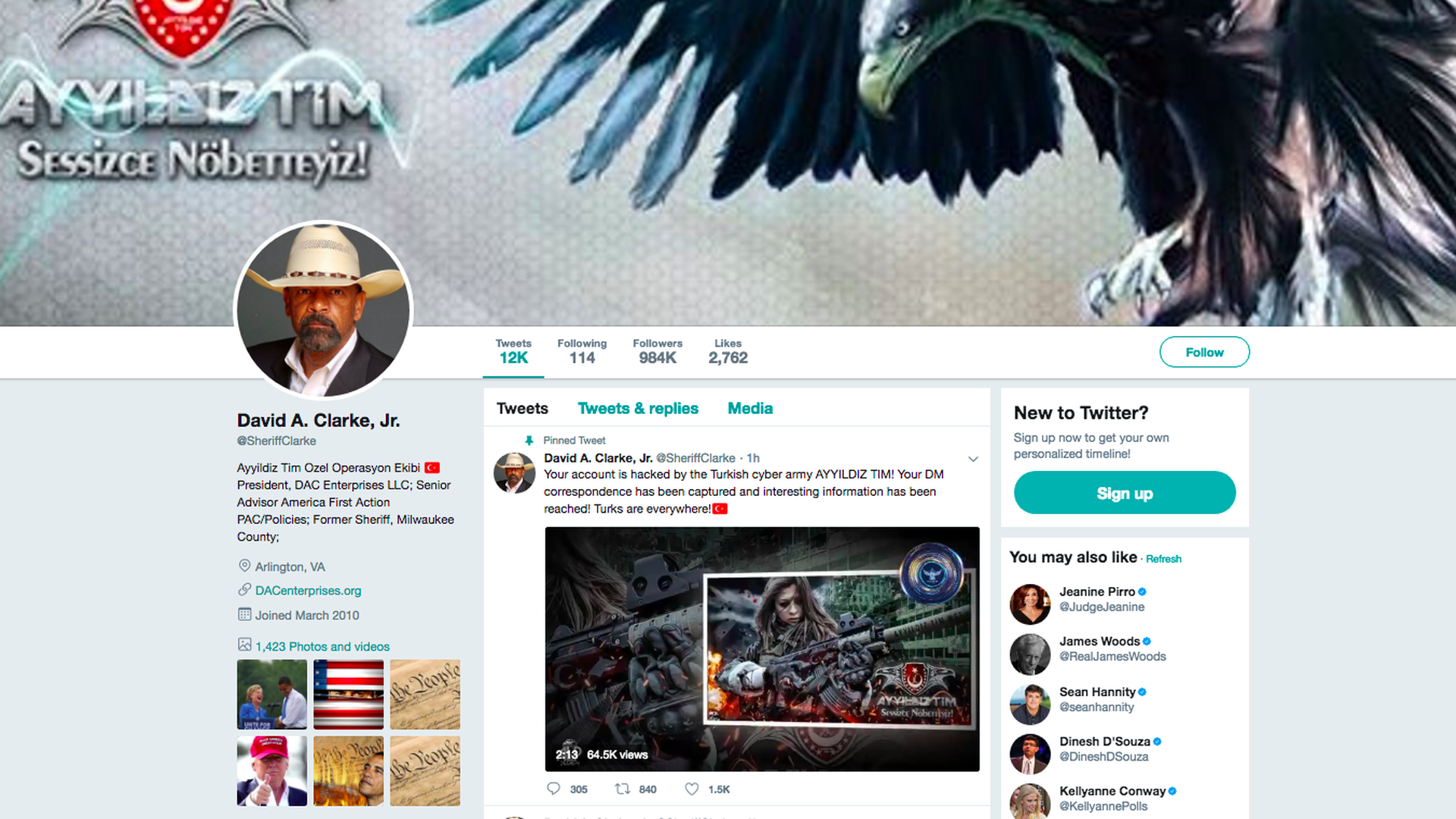A screenshot of David A. Clarke's hacked Twitter