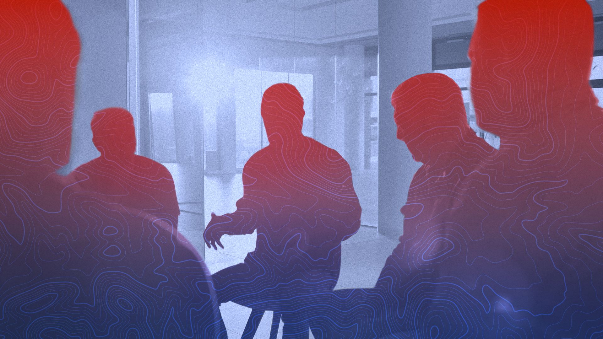 Photo illustration of men sitting in a therapy group overlaid with color gradients and an abstract pattern.