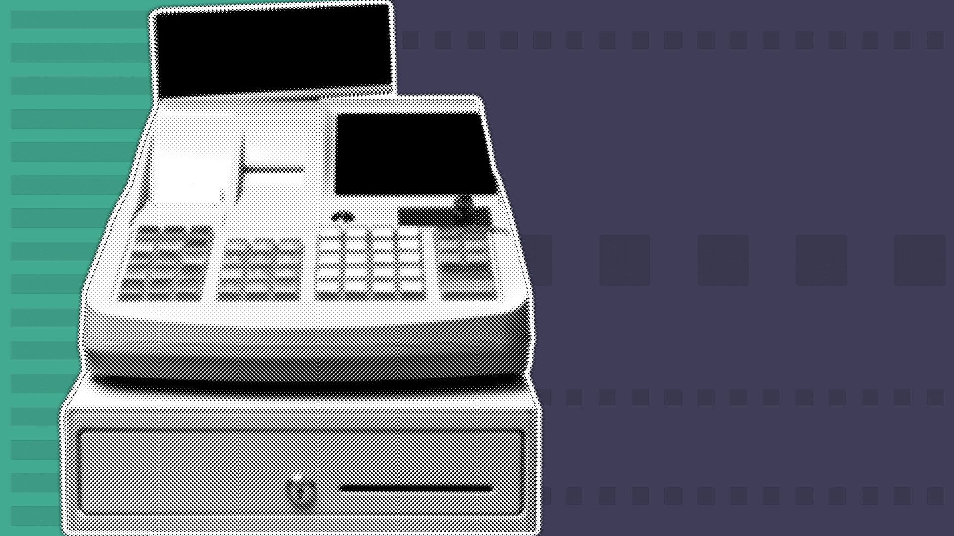 Illustration of a cash register surrounded by ballot shapes.