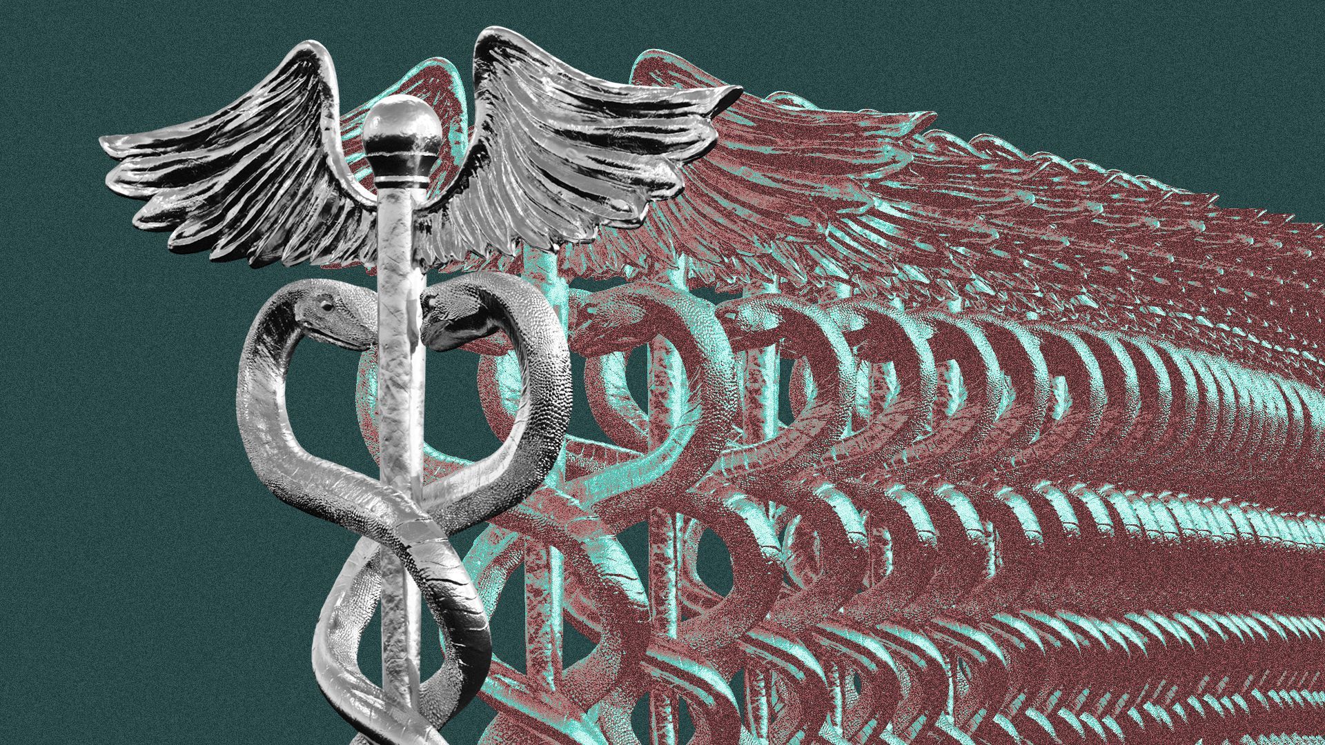 Illustration of a caduceus repeated over and over again into the distance.