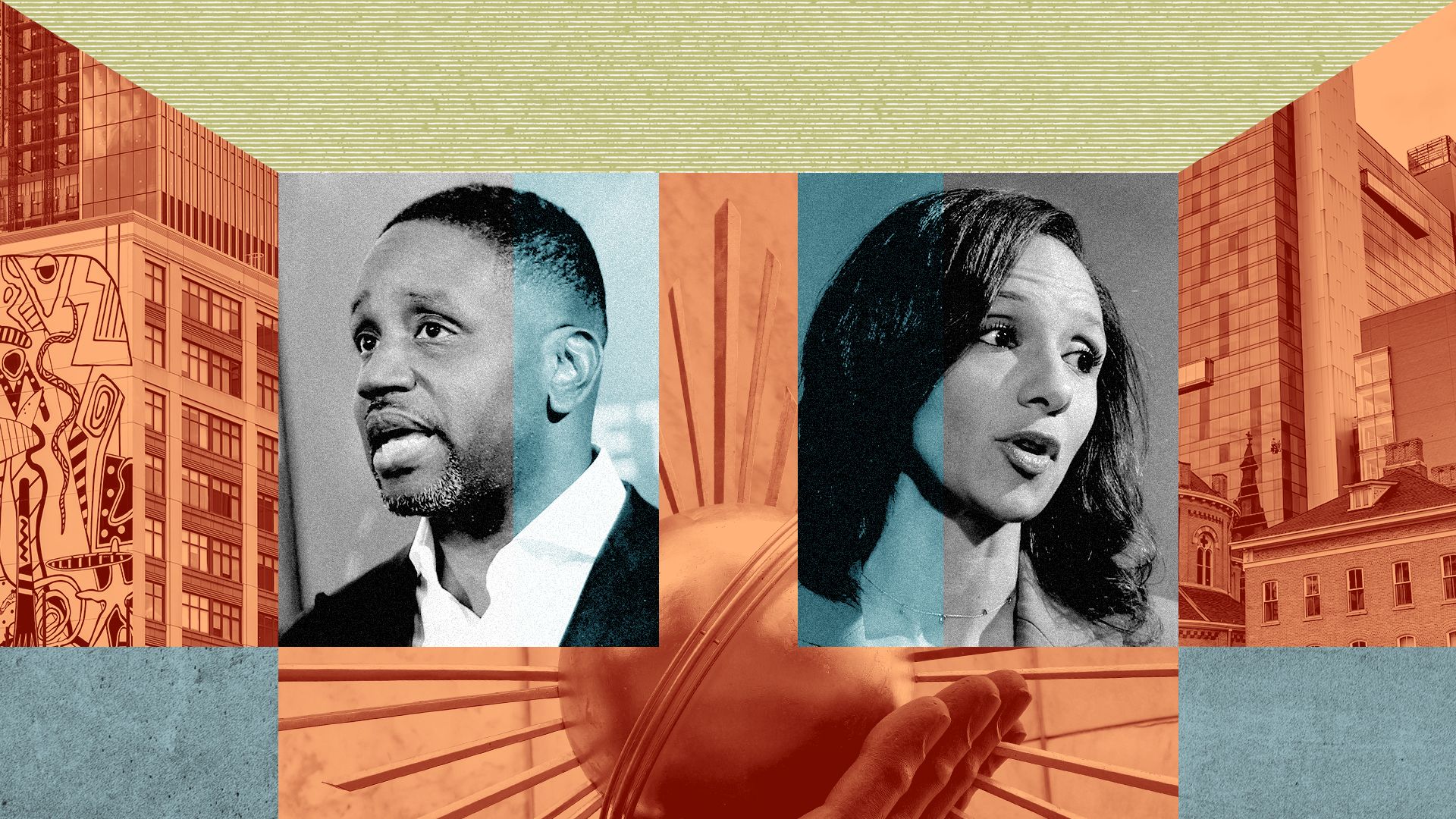 Photo illustration of a collage featuring Rev. Solomon Kinloch Jr.  and Mary Sheffield with colorful shapes featuring textures and Detroit scenes.