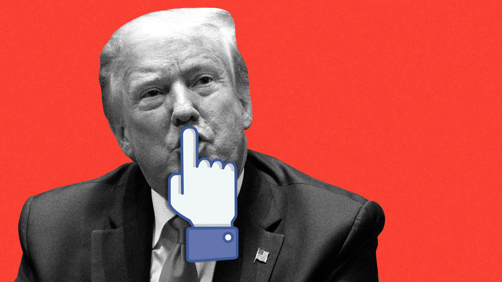 Photo illustration of President Trump with a Facebook stylized hand making a hush sign.  