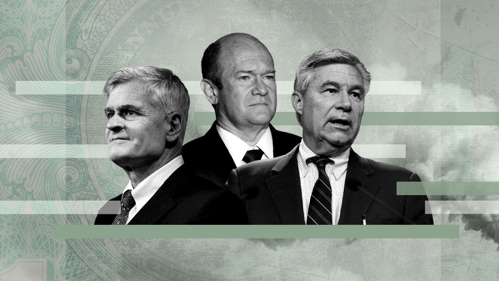photo illustration of senators Bill Cassidy, Chris Coons and Shelton Whitehouse on a green background made of money and fumes