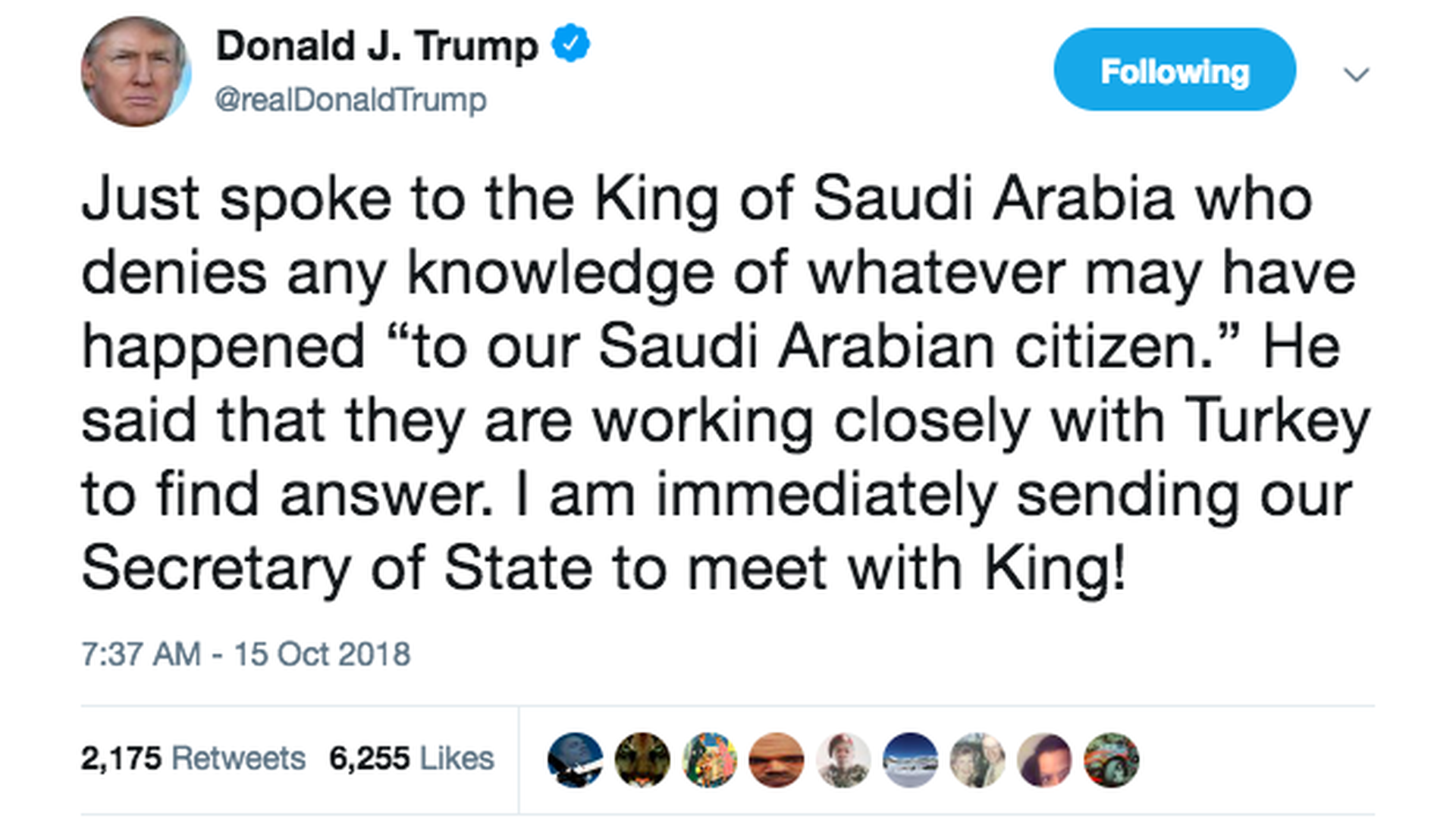 Trump says Saudi king denied