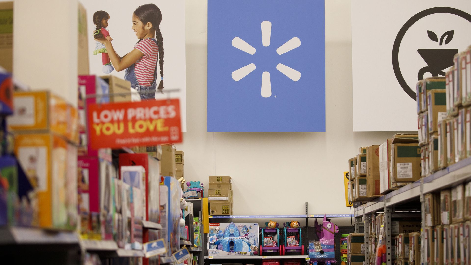 Walmart toy aisle with a sign that says "Low prices you love"