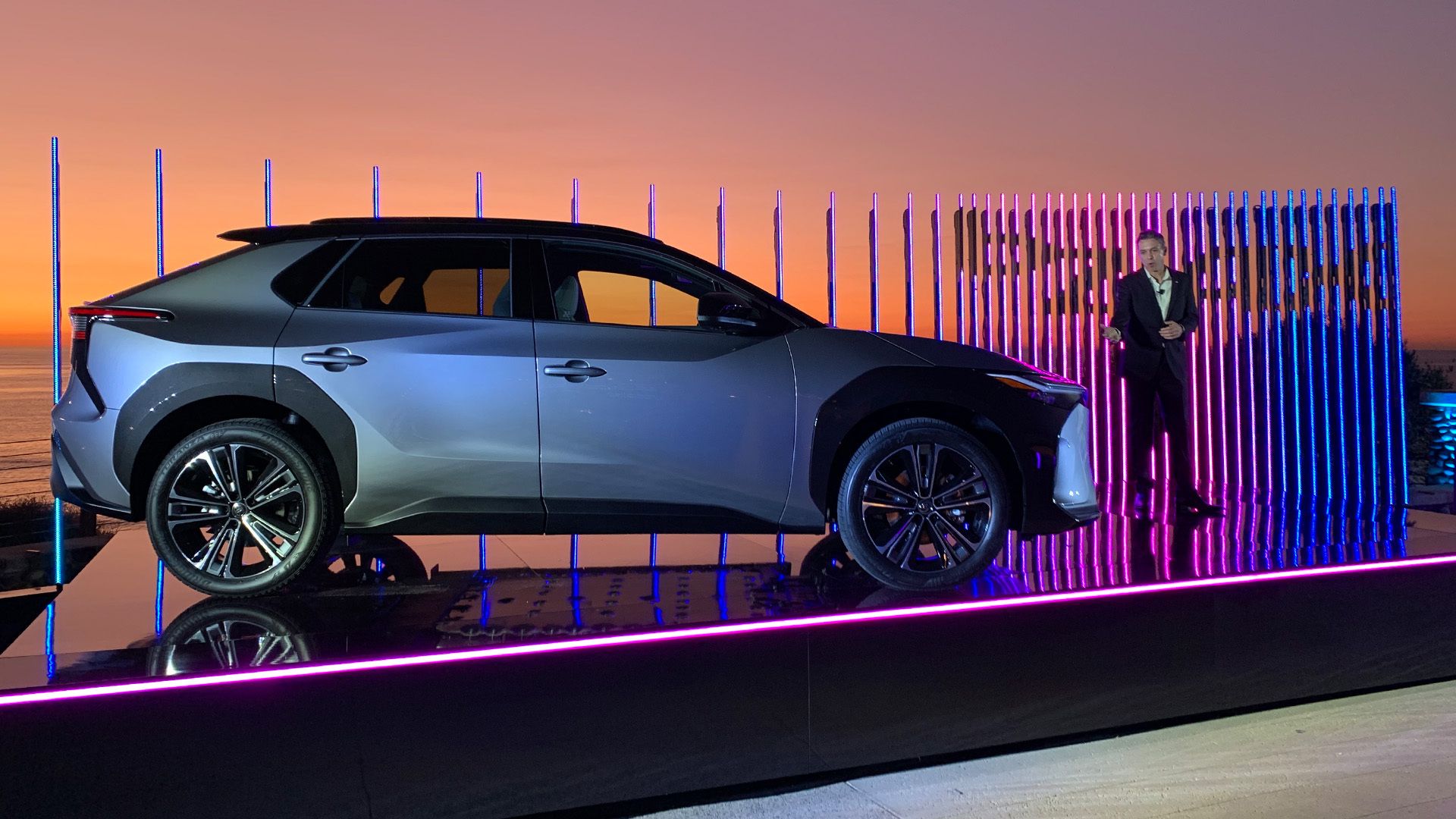 Toyota's new BZX4 electric SUV, against a stunning California sunset