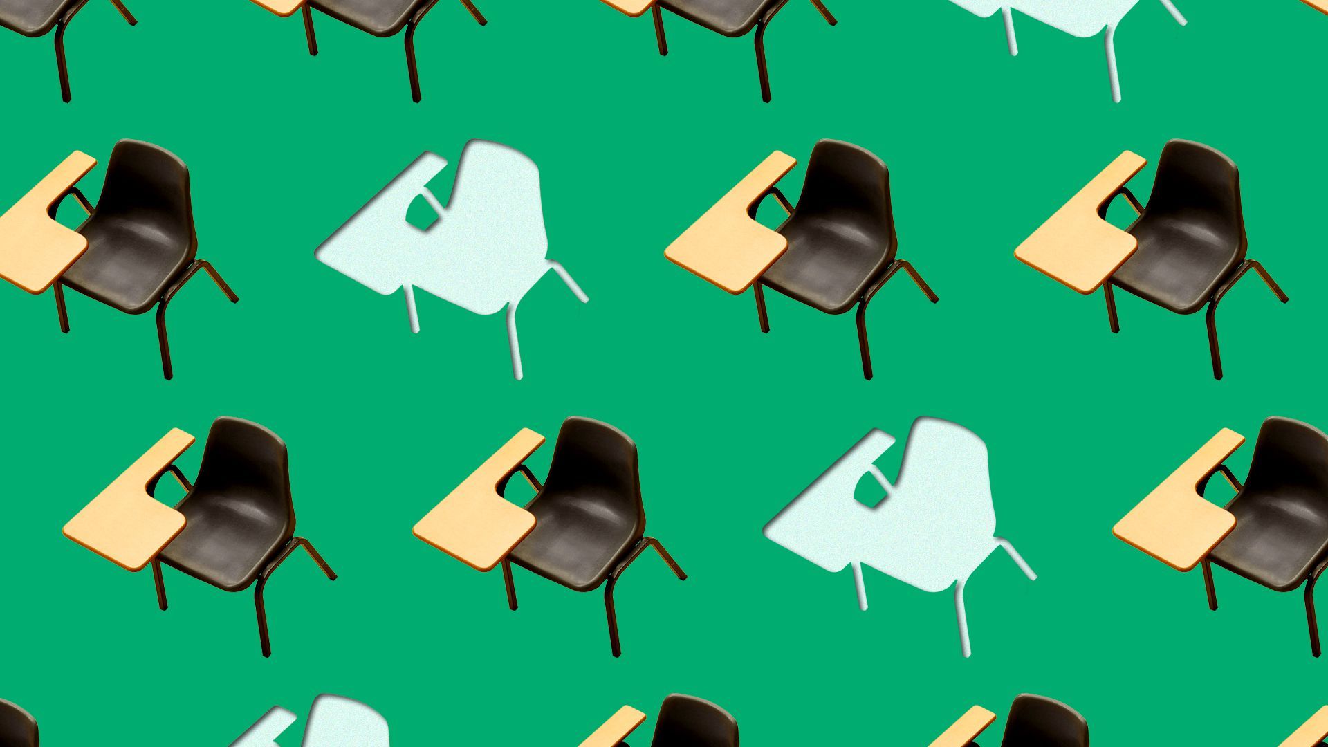 Illustration of school desks, some of them cut out with nothing behind them.