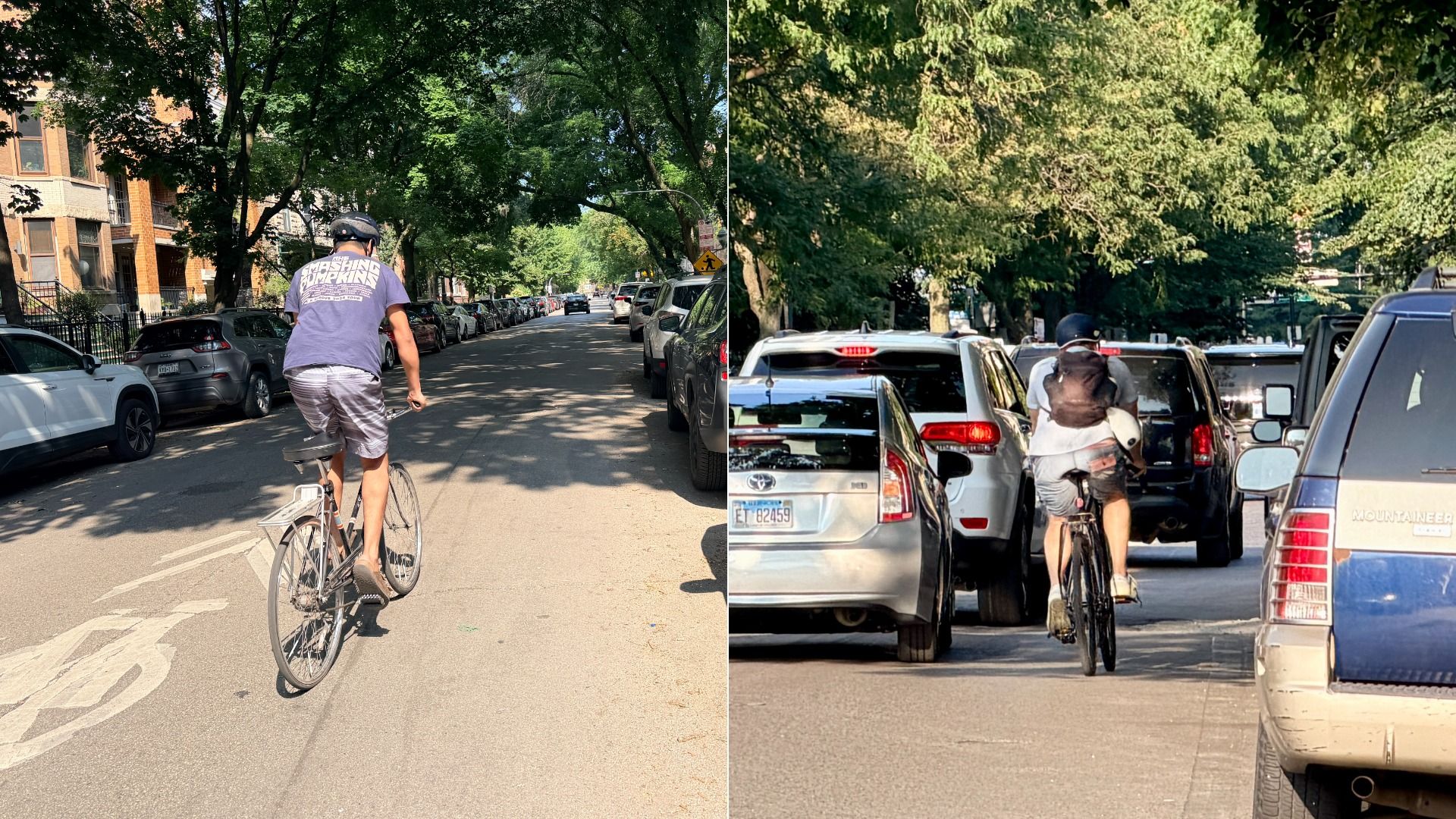 Split image: left shows a helmeted cyclist in gray shorts riding down a tree-lined city street with parked cars; right shows another cyclist with a backpack in heavy traffic among cars.